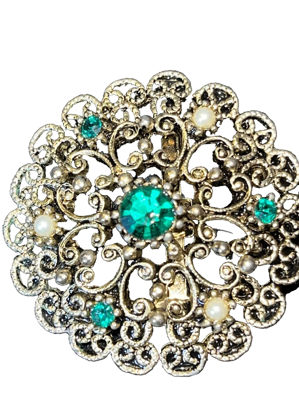 VTG Unbranded Brooch GoldTone Faux Emerald Green Rhinestone & Pearl 1 1/2″