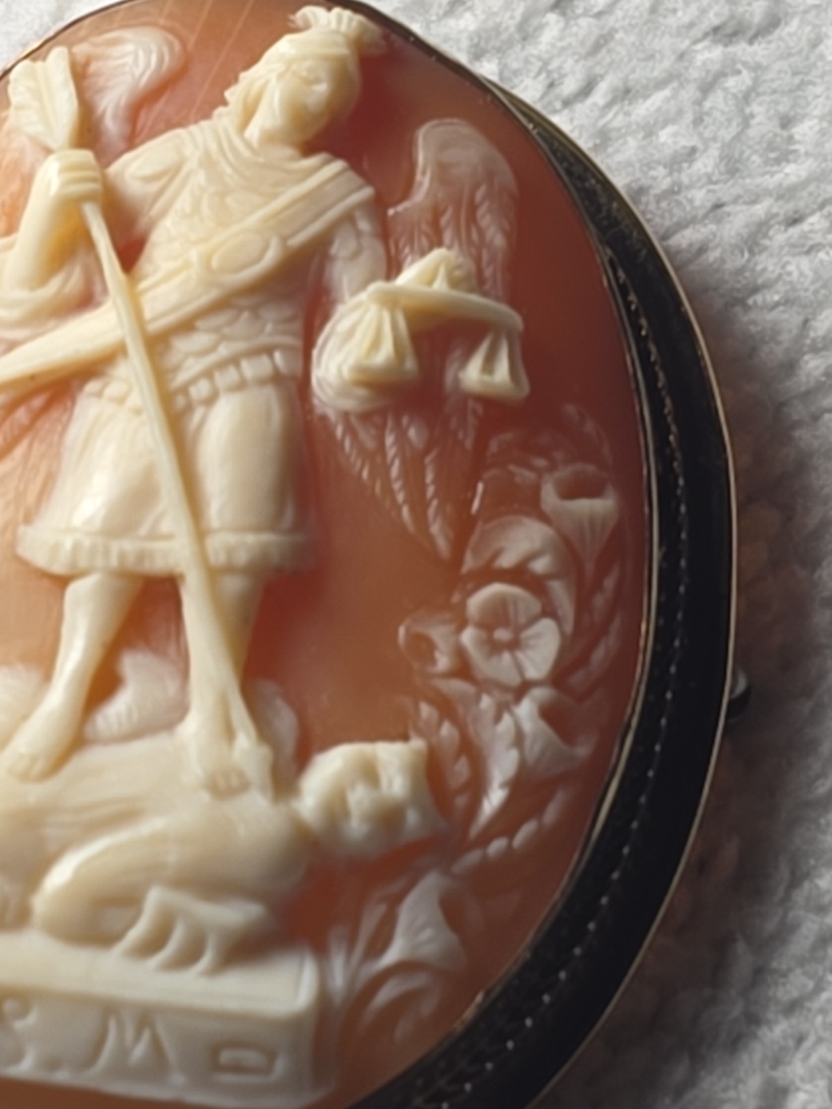 Vintage St. Michael Archangel Cameo Brooch 10k GF Signed S.M. in AMCO Setting
