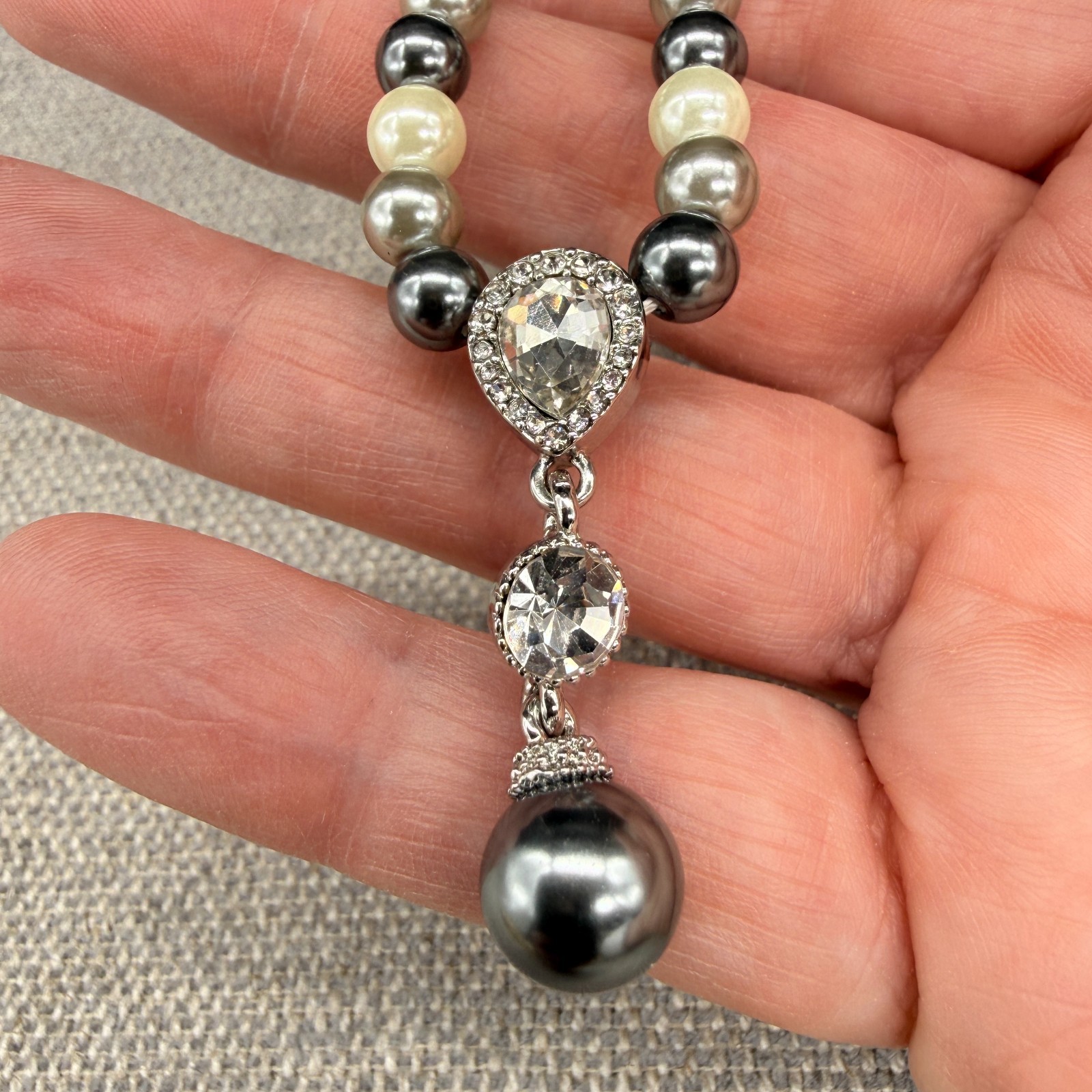 Vintage Coldwater Creek Necklace Gray Imitation Pearl Clear Rhinestone Drop