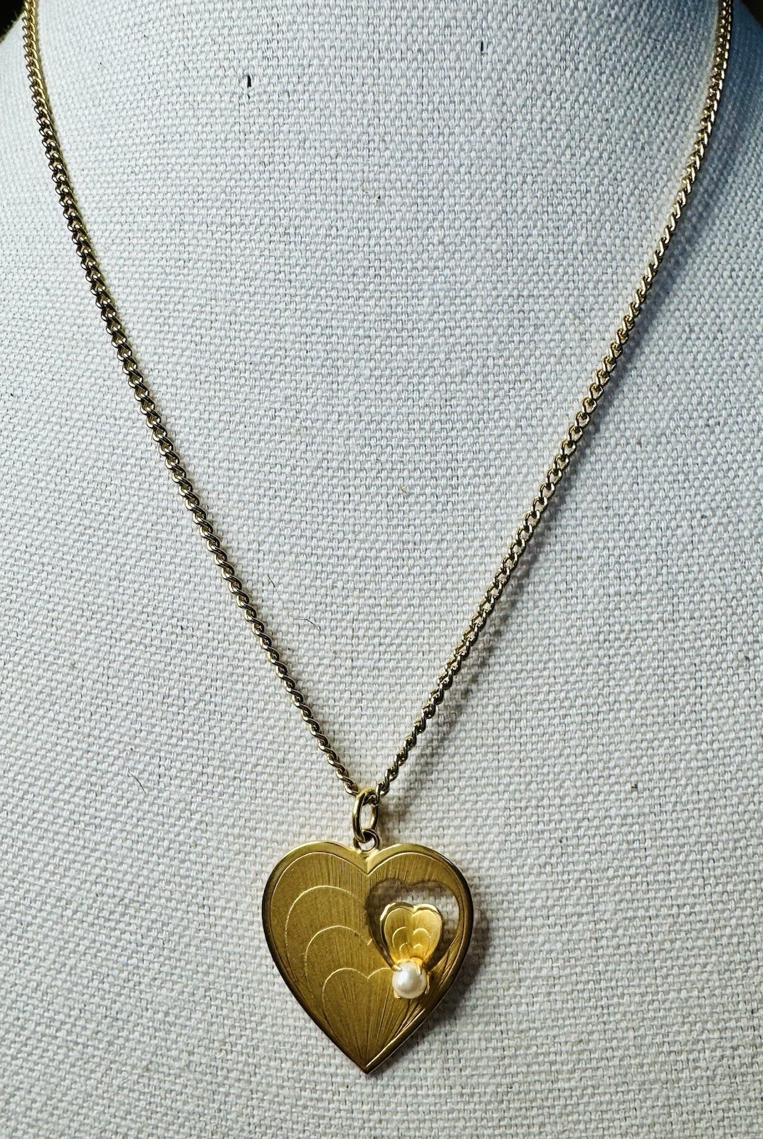 Vintage 12K GF rch-king Heart Necklace Pearl Accent Mid Century Sweet