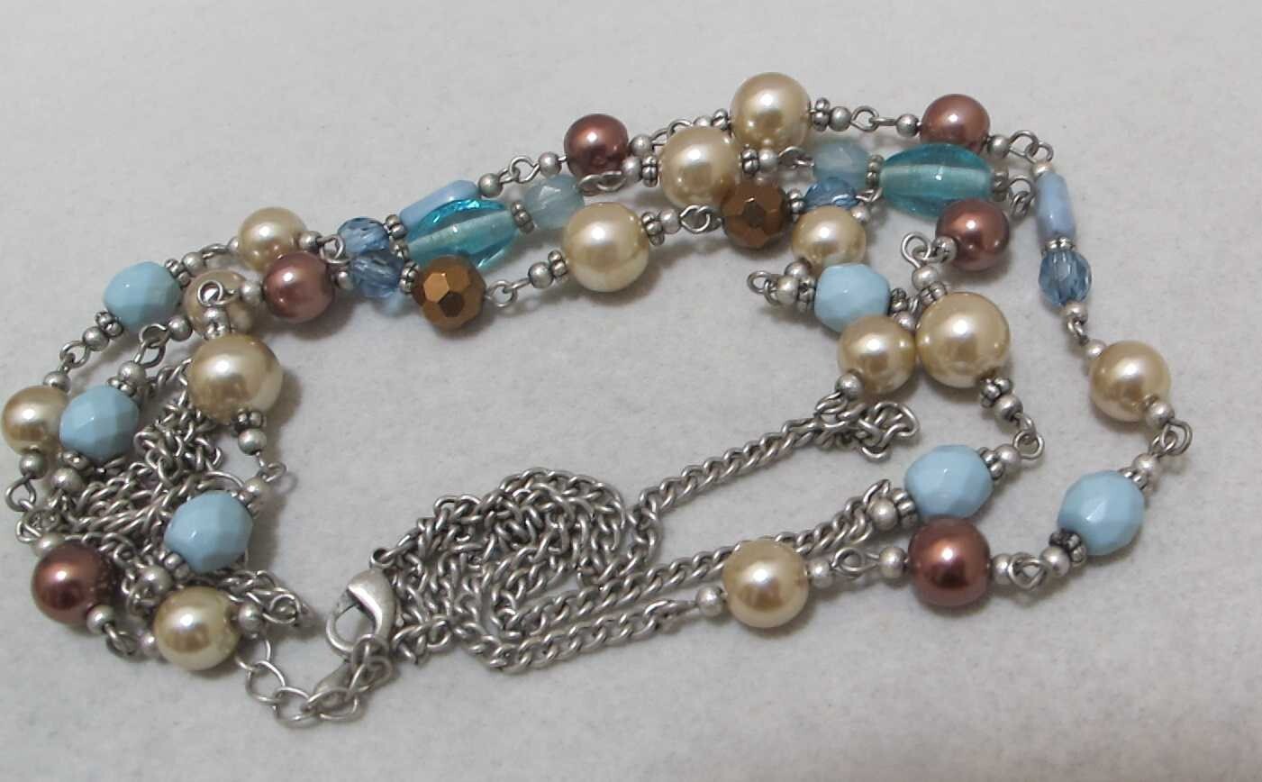 Vtg PREMIER DESIGNS 3-Strand White & Brown Faux Pearls Aqua Beads Necklace