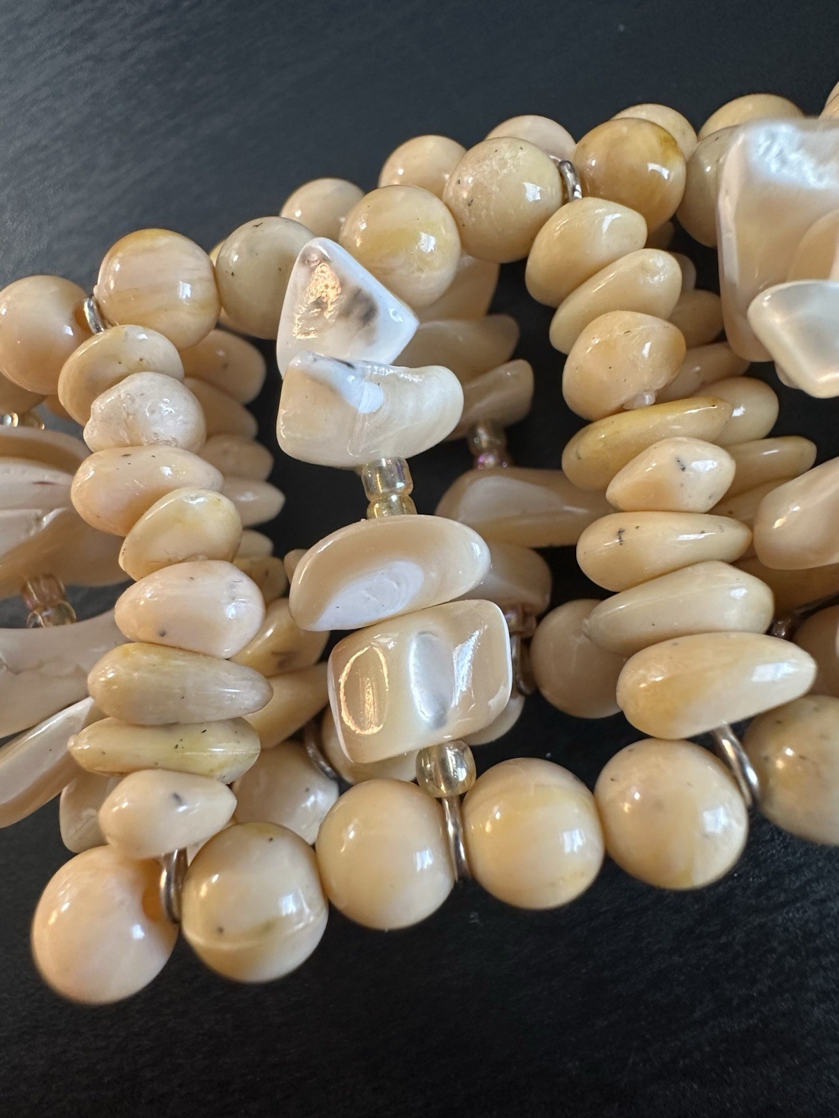 Vintage Tan Stone And White Beaded Layered Stretch Bracelet