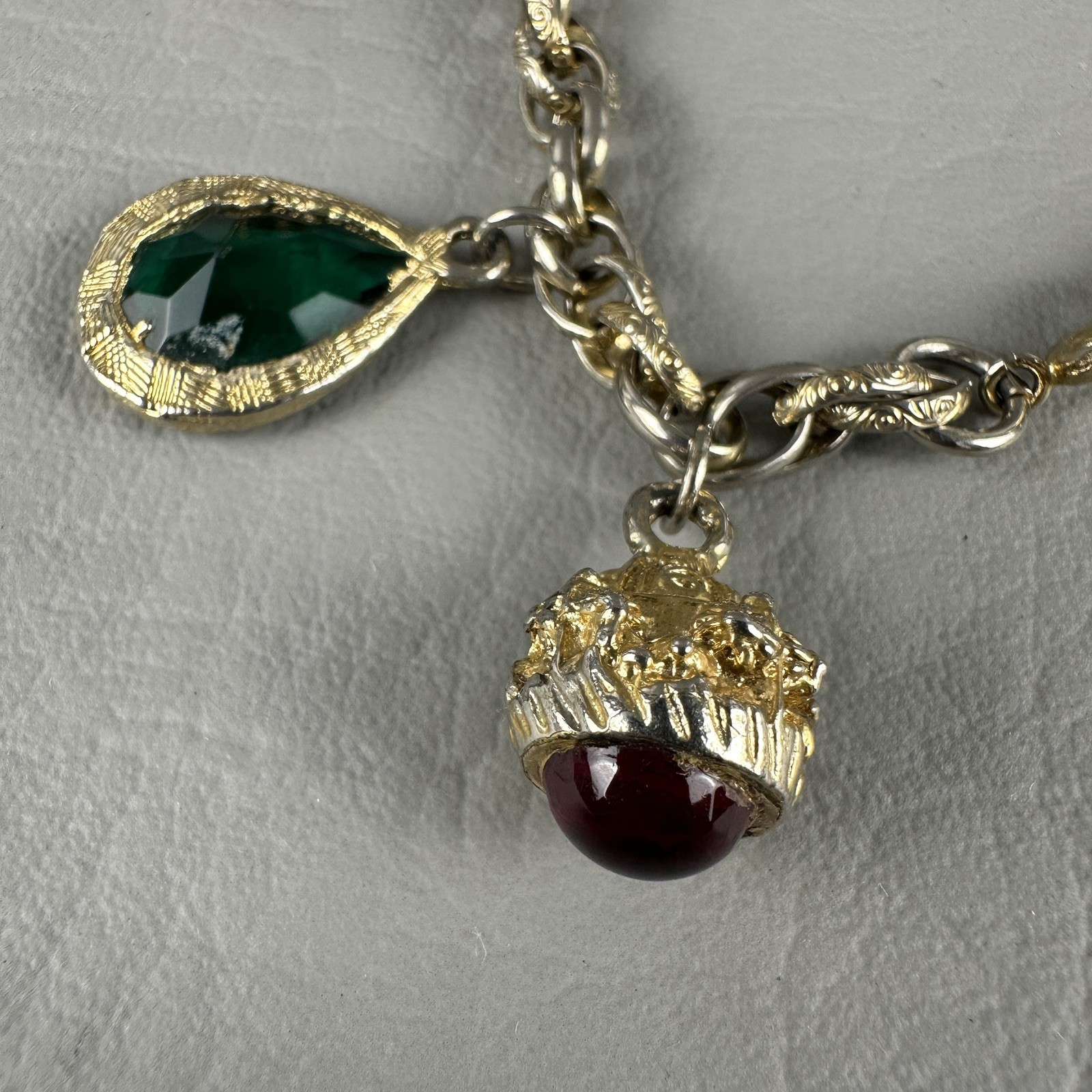 Vintage Charm Bracelet Gold Tone Glass Charms South Africa Coin 6.5″
