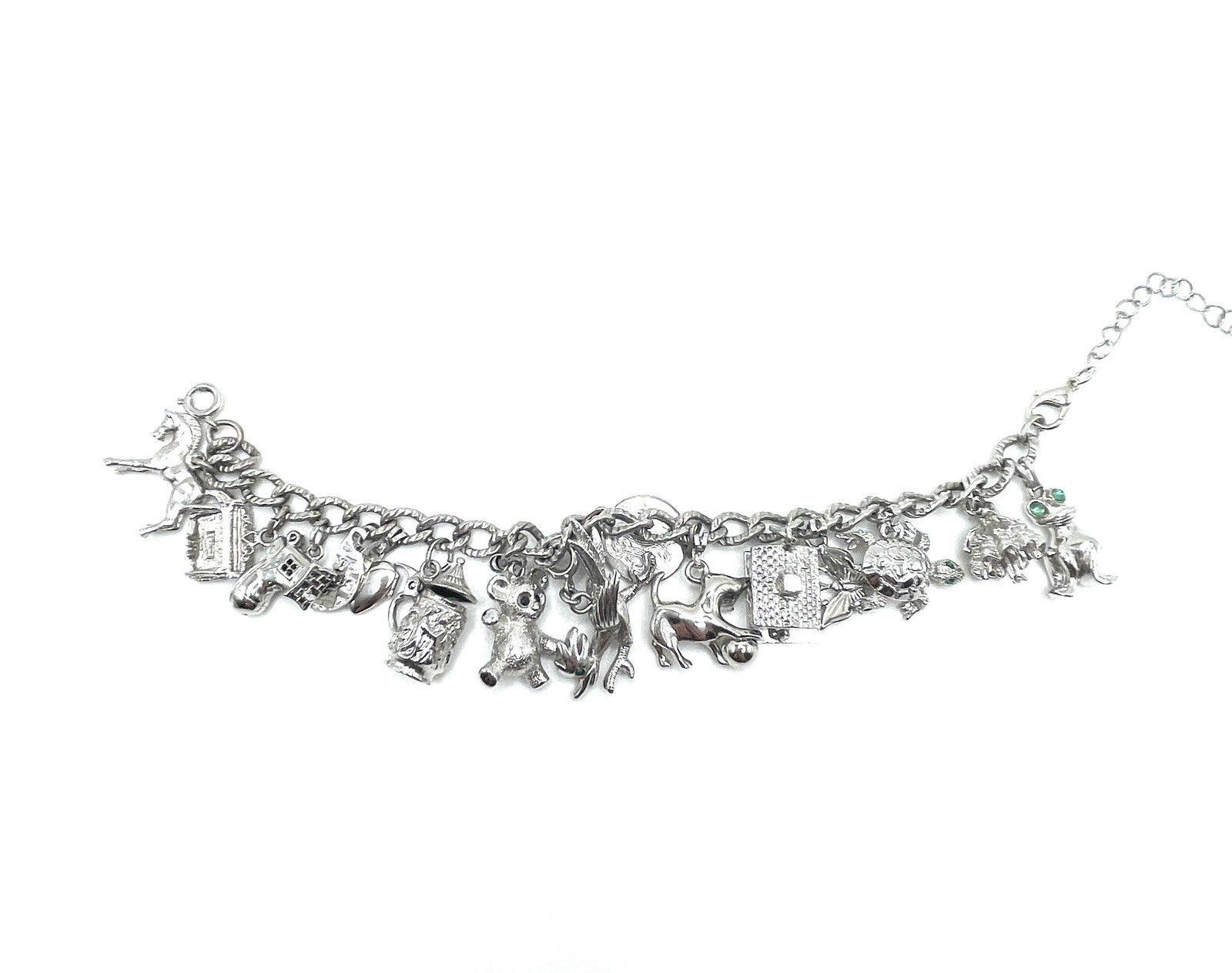 Monet Sterling Silver Articulated Figural Crystal Charm Bracelet 61.5g Vintage