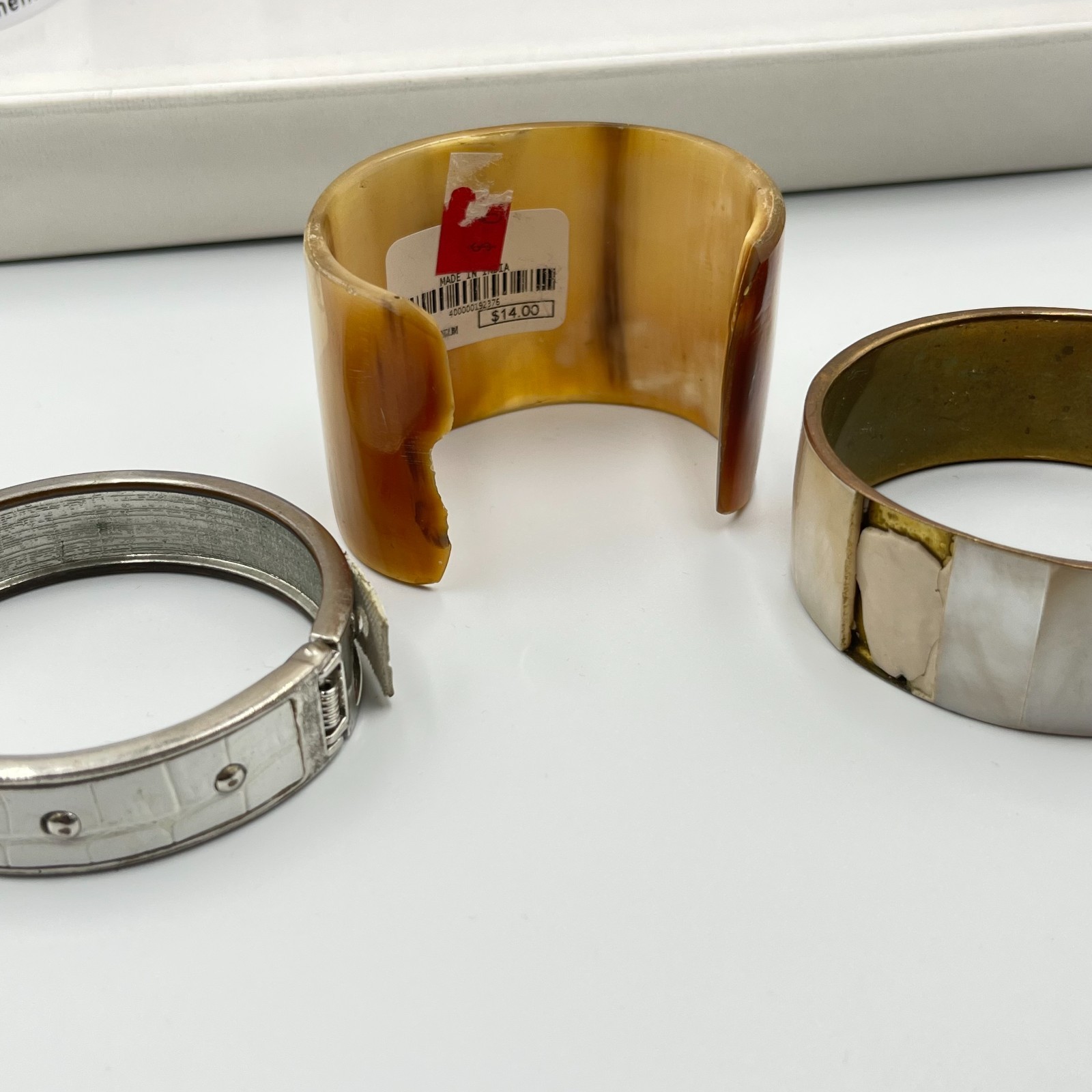 Vintage Bangle Set Mother of Pearl Horn Style Faux Croc White Brown Gold Silver
