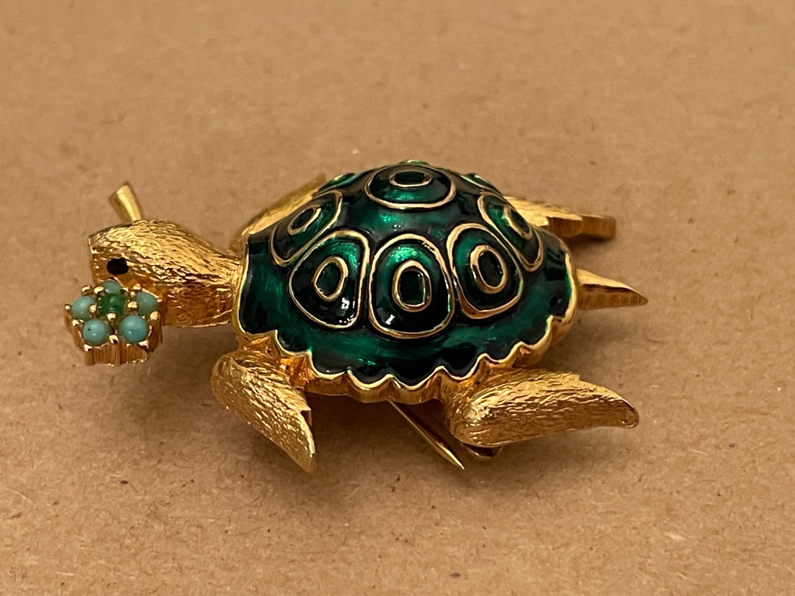 Vintage Jomaz Green Enamel Figural Turtle Brooch, Excellent Condition, signed