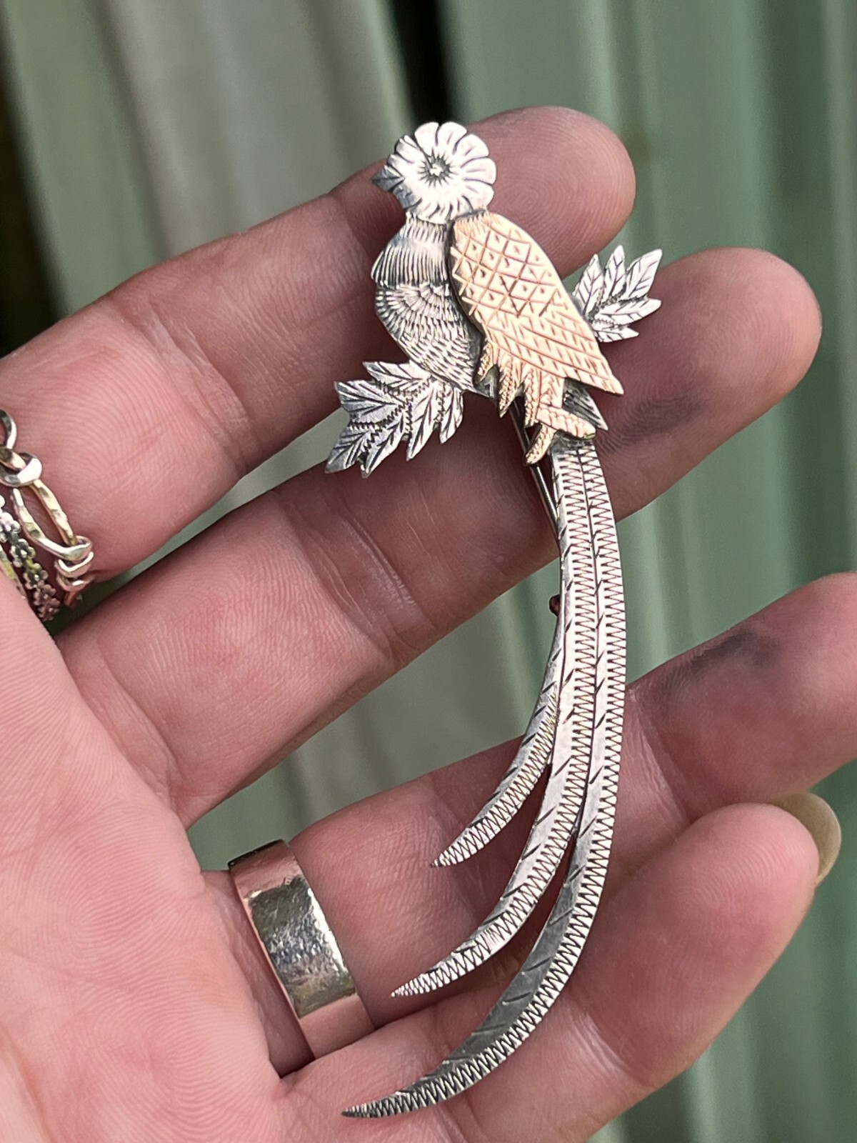Guatemala Quetzal Bird brooch 925 Silver & gold filled diamond cut design 3 1/2