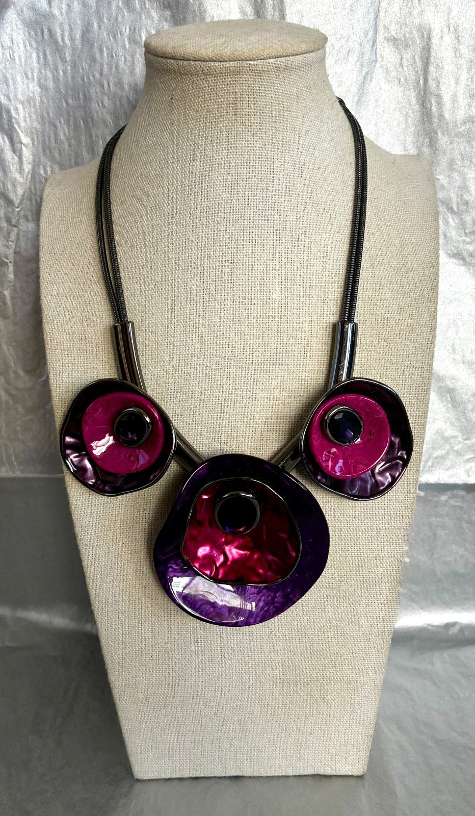 Vintage Statement Necklace Gunmetal Pink Purple Faceted Crystals Glass Acrylic