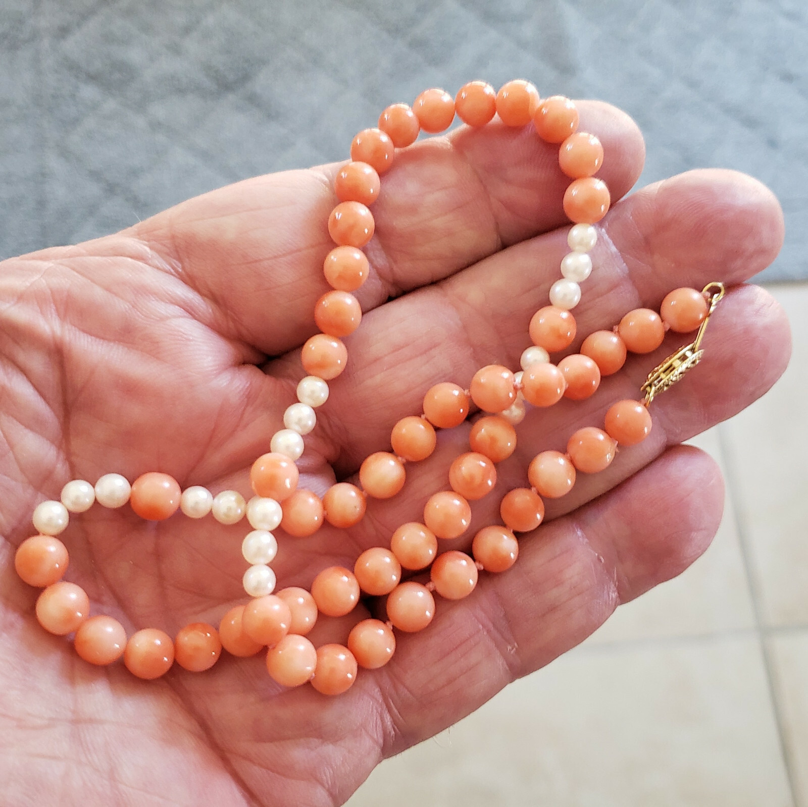 Pink Angel Skin Coral Necklace 14k Yellow Gold Clasp & Pearls 16.5in [6770]