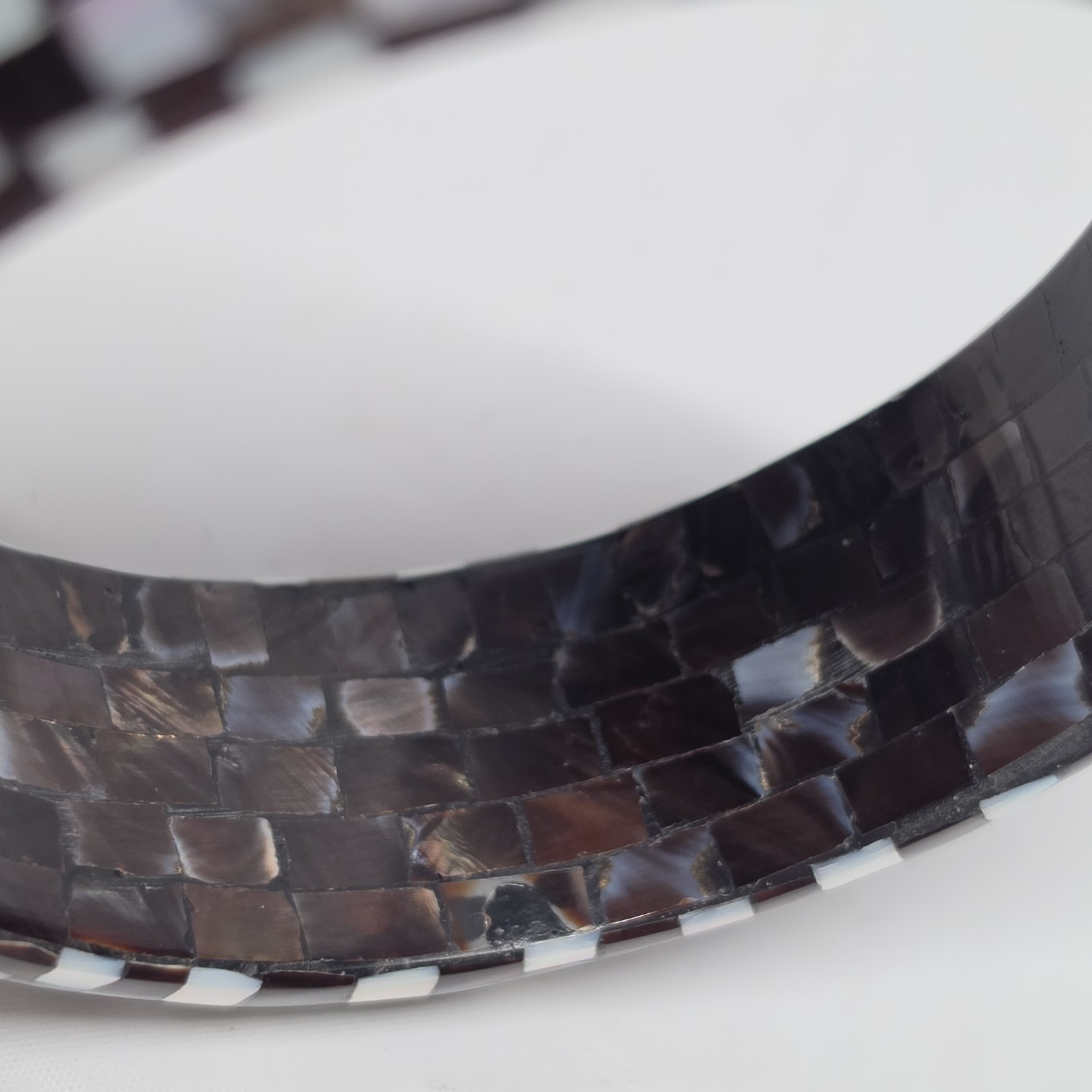 Vintage Mother of pearl Checkered Mosaic Marquetry Bangle Bracelet White & Brown