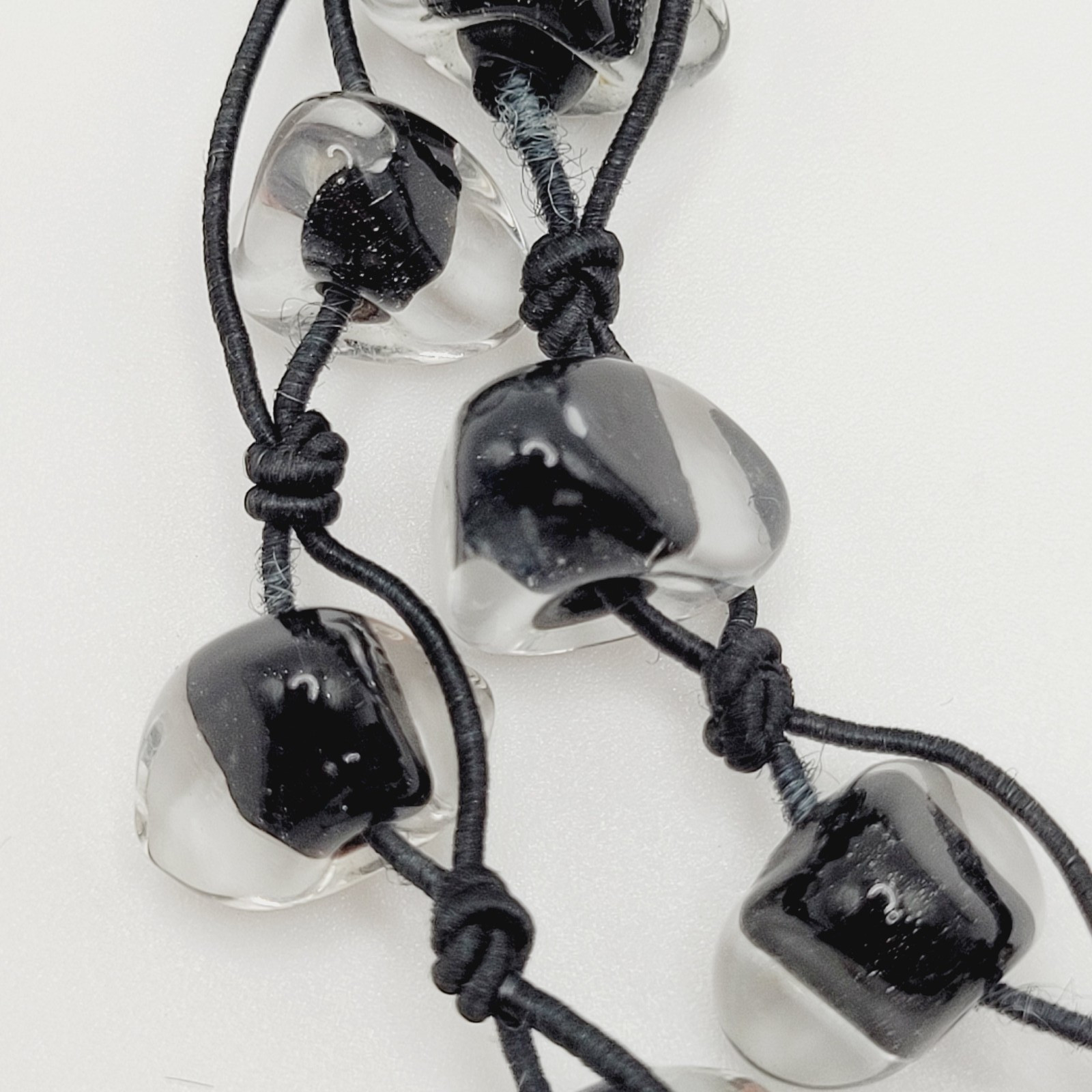 Art Glass Clear Ice Pebble Bead Hand Knot Black Thread Single Strand Necklace