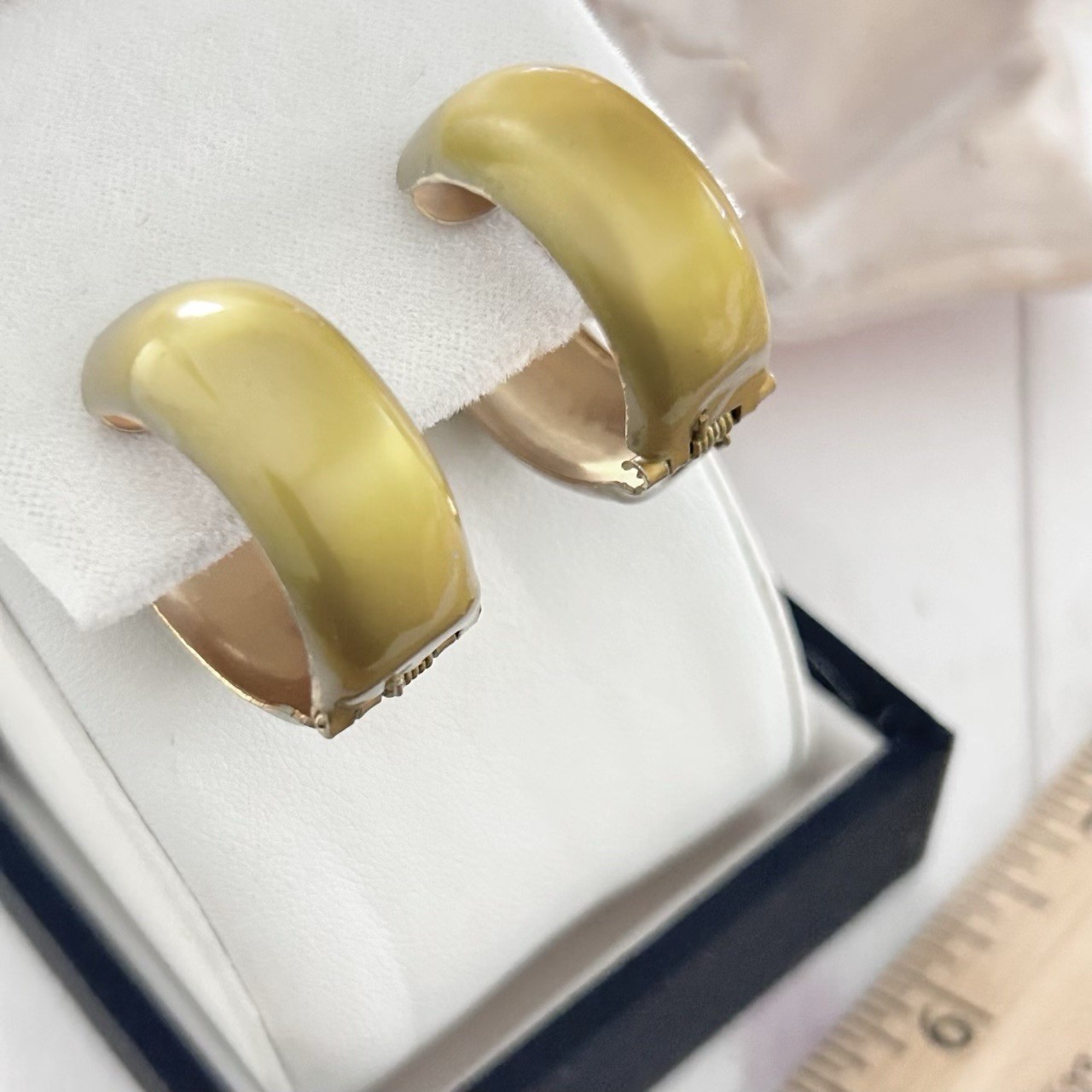 Vintage Metal Enamel Hoop Clip On Earrings MCM Olive Green Mid Century Modern