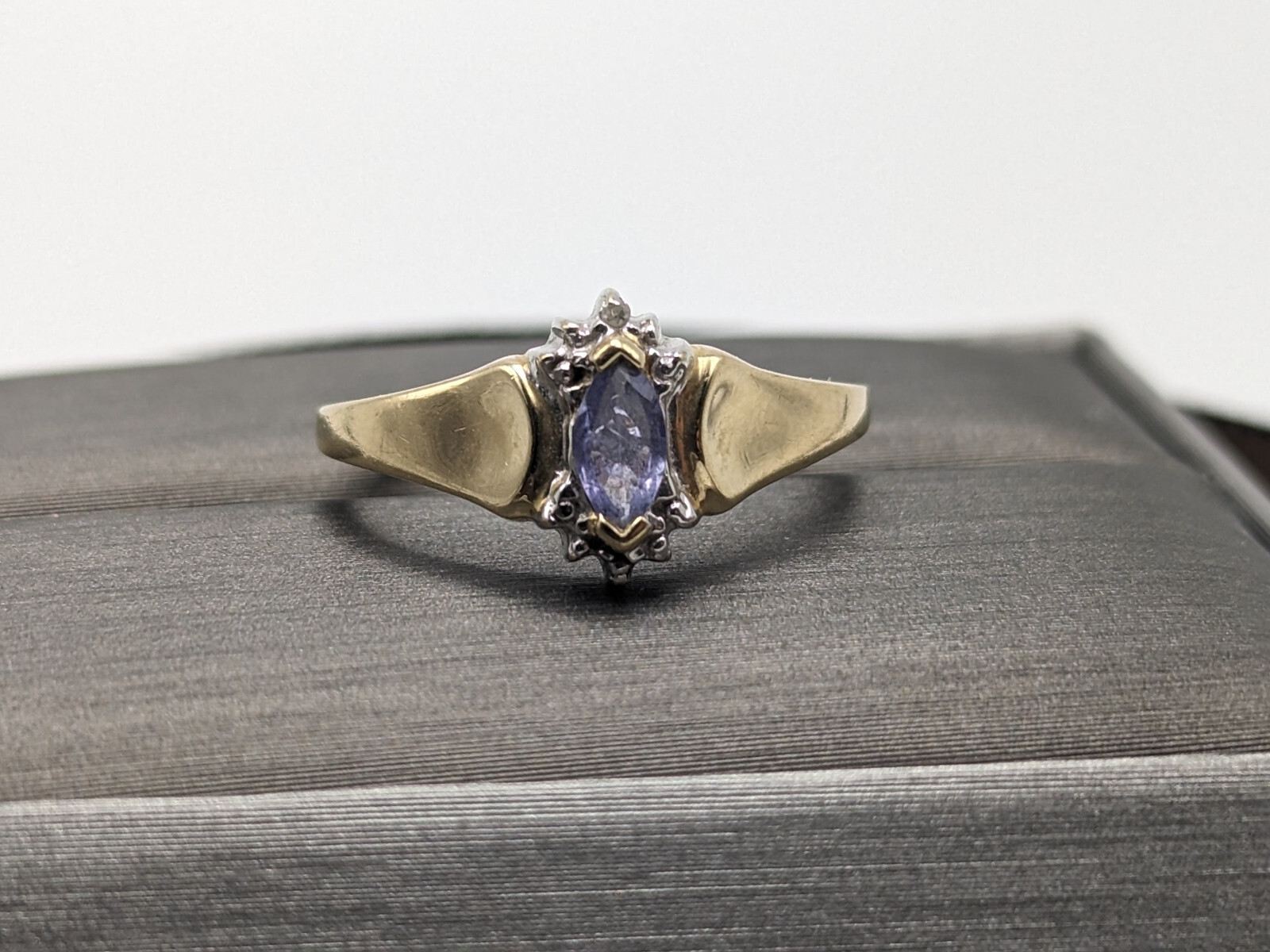 10k Yellow Gold Blue Iolite and Diamond Ring Violet Marquise Cut Diamond Ring