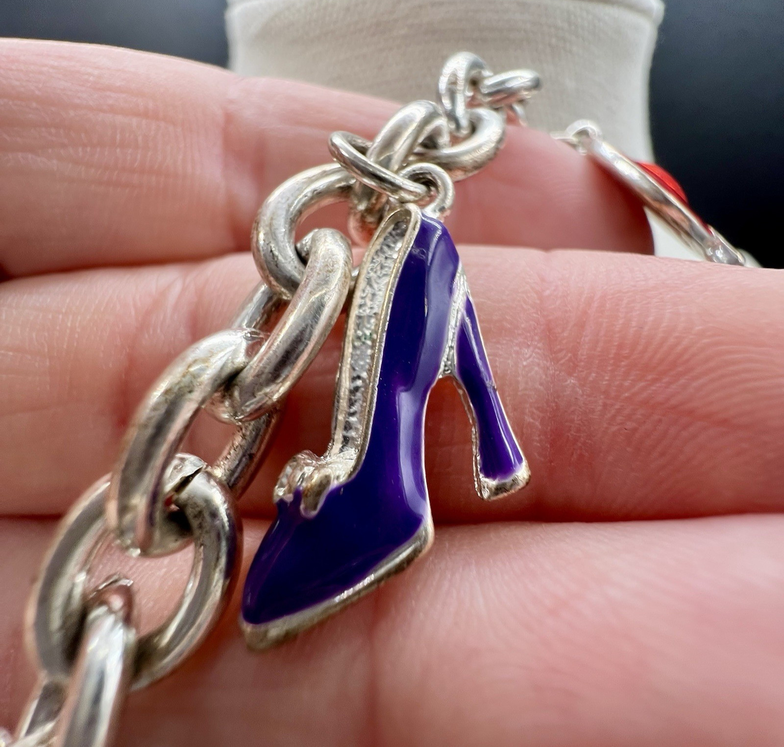 Vintage Enamel Charm Bracelet Purse Hat High Heel Shoes Silver Tone Fashion