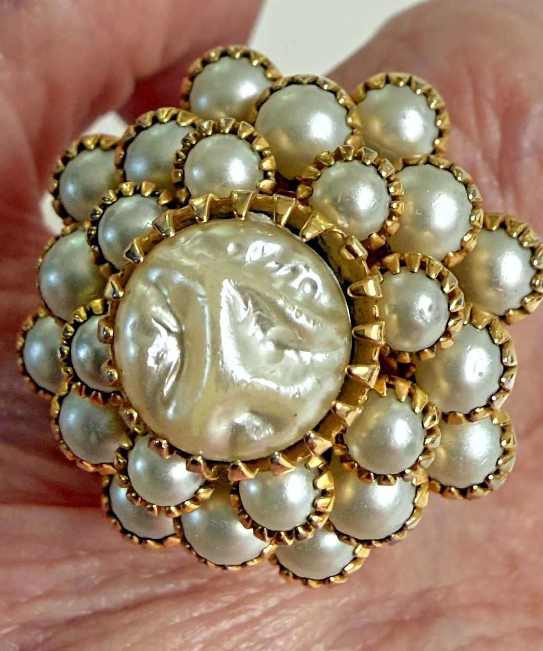 VTG Signed Judy Lee Faux Pearl Dome Cluster Cocktail Ring Adjustable Gold-Tone