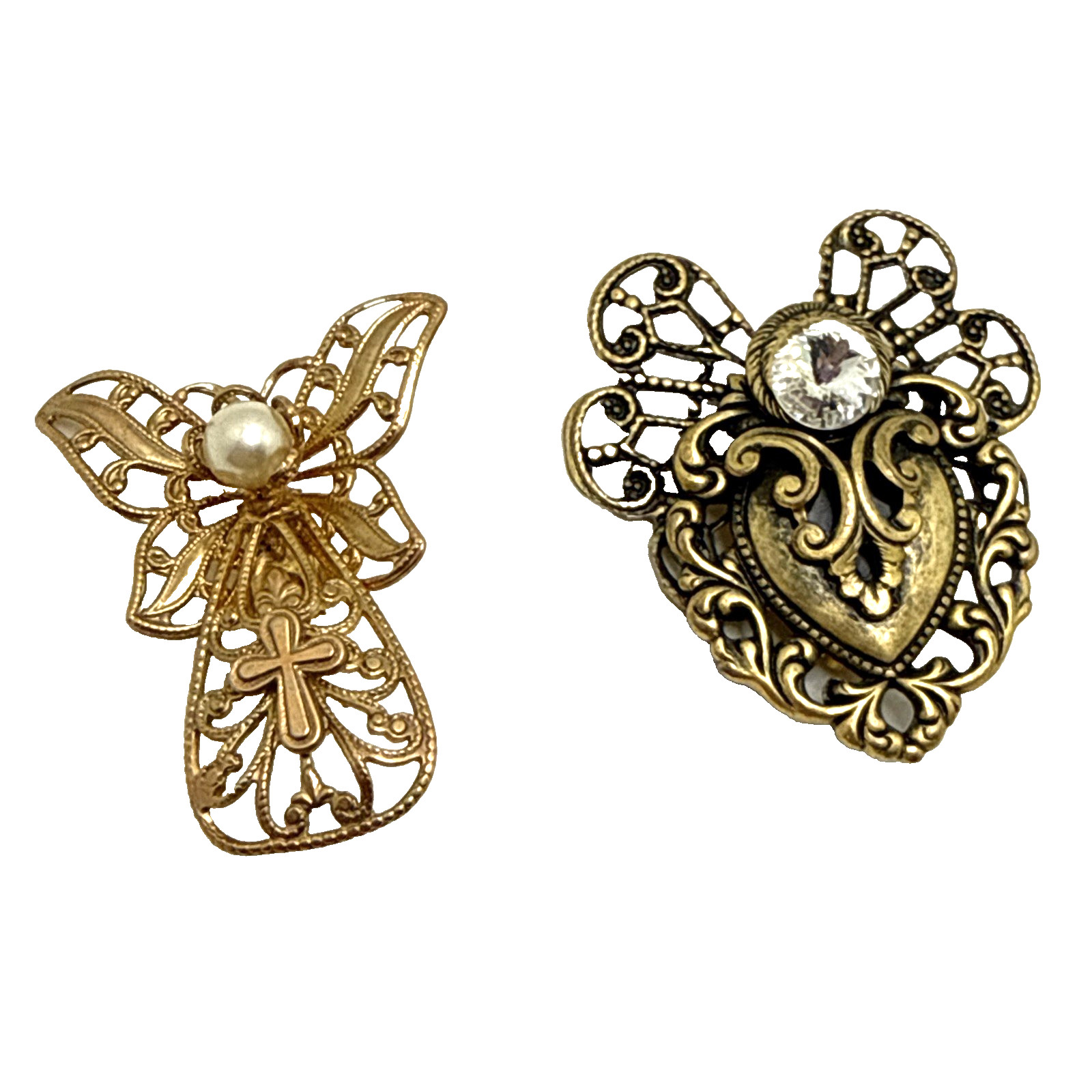 Vintage JANE Angel Brooches Ornate Bronze & Gold Tone Filigree Pins Lot of 2