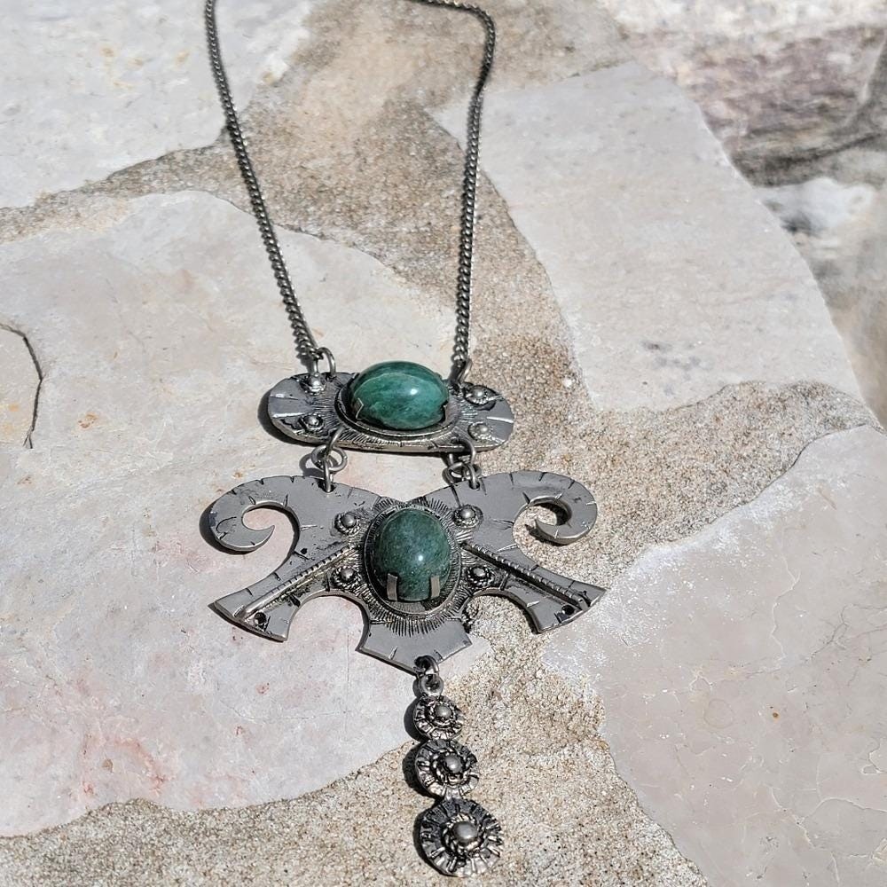 Vintage Made in Brazil Statement Necklace Green Cabochon Silver Tone Pendant 6″