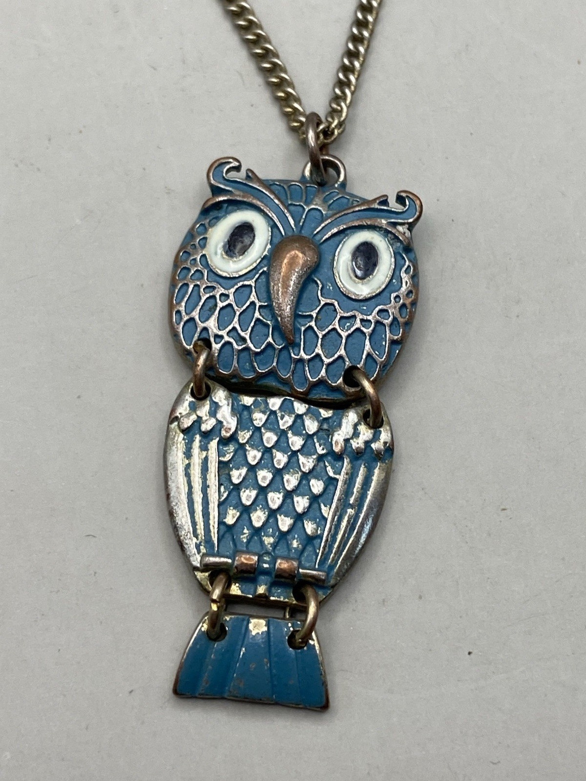 Small Vintage Owl Pendant, Dangle, Retro, Chain Link Articulated Silver Tone