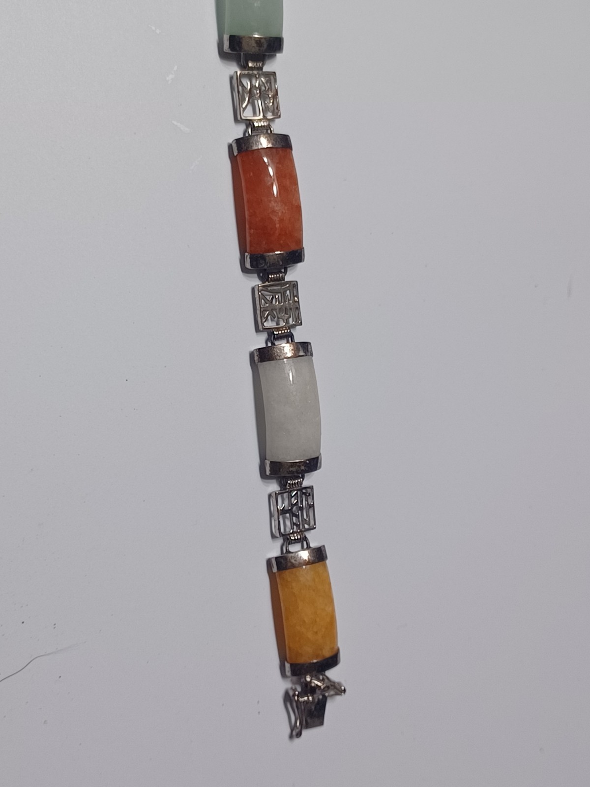 VINTAGE DBJ STERLING SILVER & JADE GEMSTONES BRACELET CHINESE MOTI