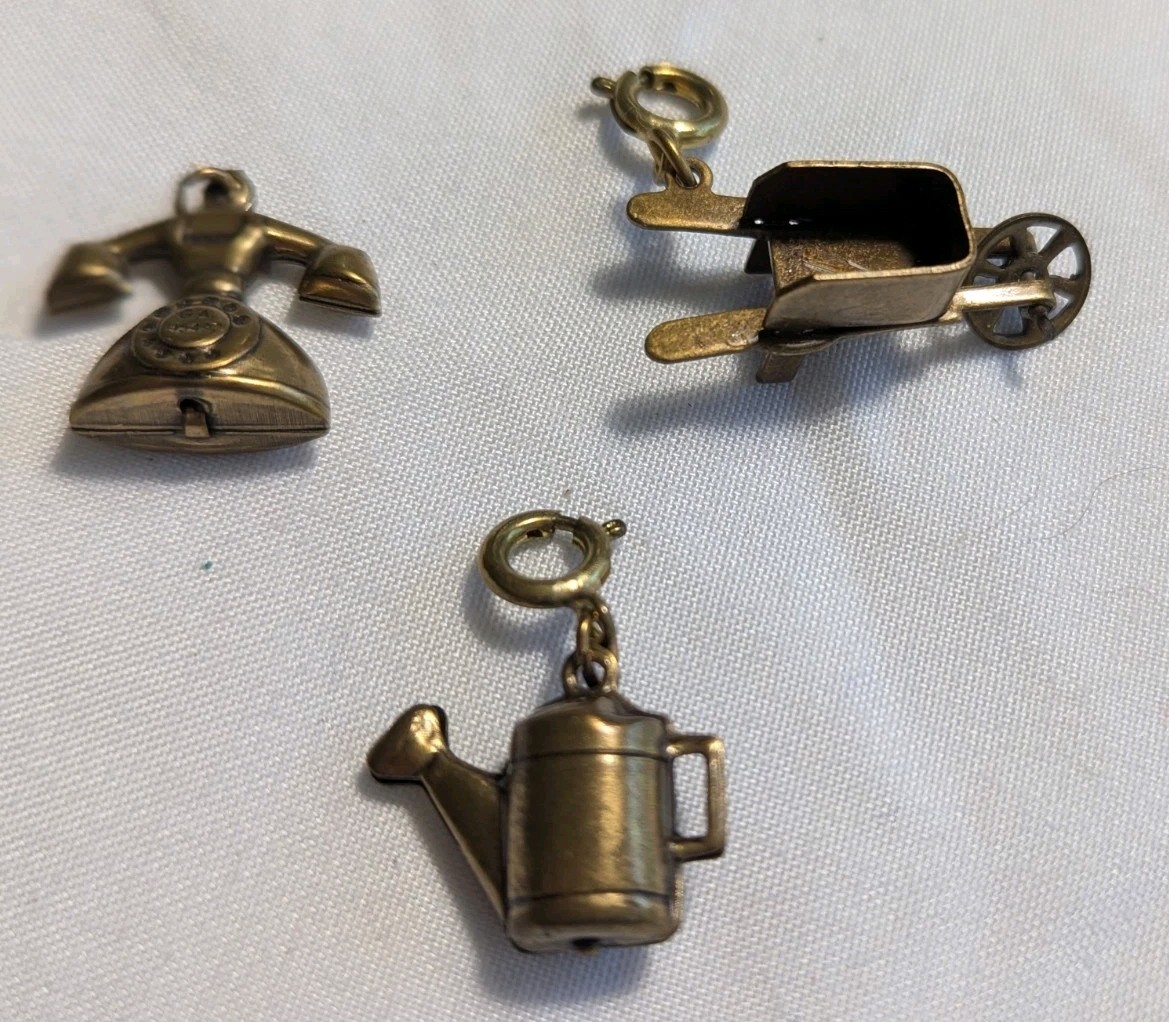 Vintage Brass Charms Telephone Wheelbarrow Watering Can Lot Of 3 Gardening