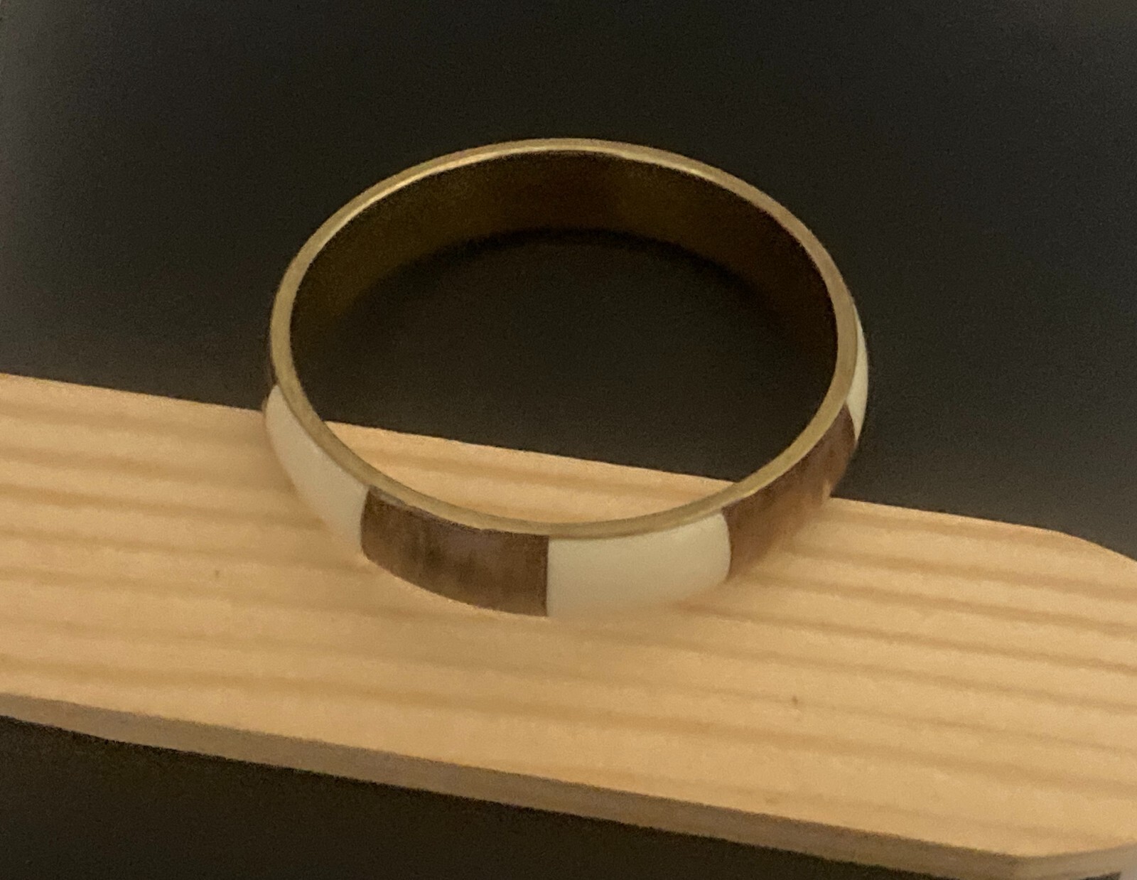 Vintage Brown White Enameled Striped Bangle Bracelet Gold Tone Metal