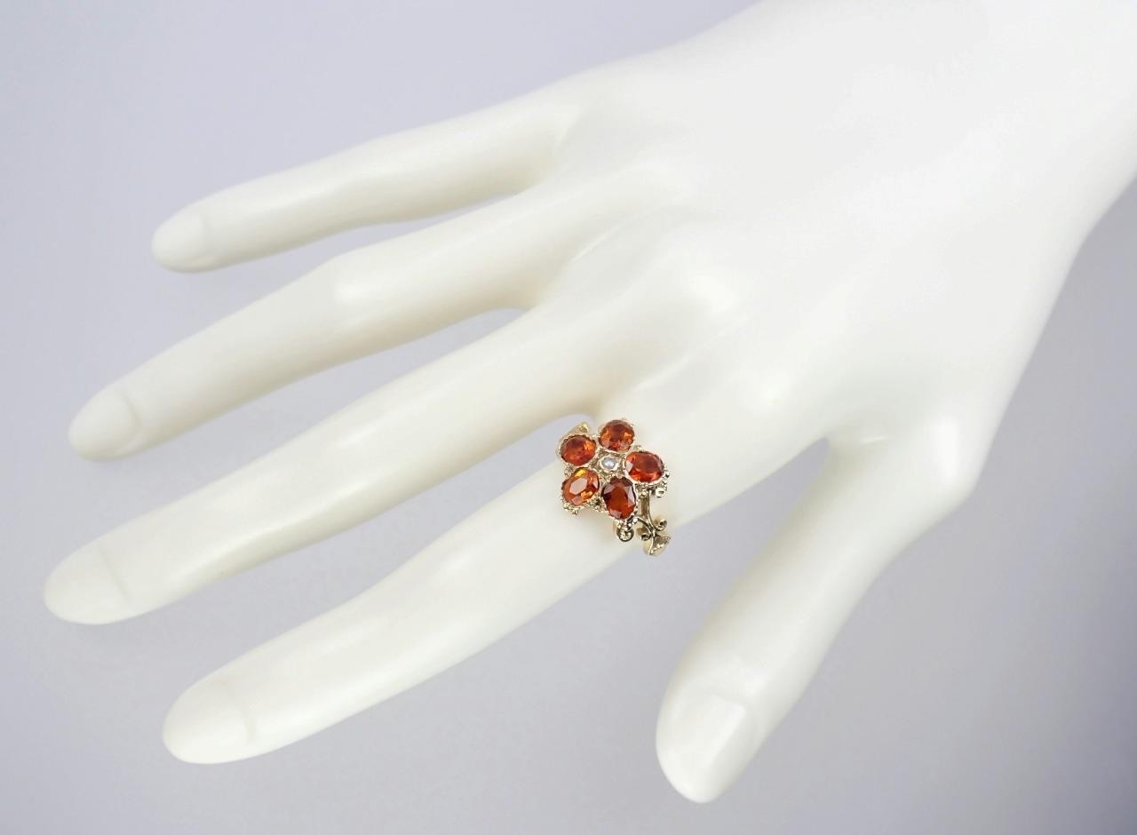 Pretty Vintage Solid 9K Gold Madeira Citrine Pearl Floral Scroll Ring 1971 7.25