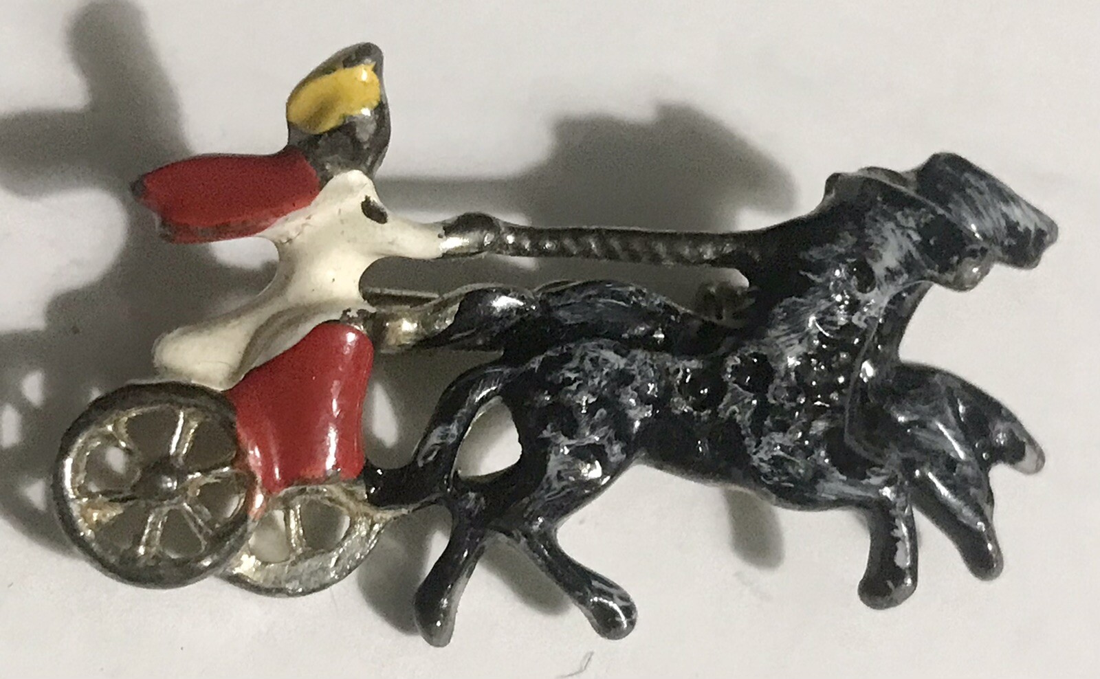Small Vintage Enamel Pin Chariot Race Black Horses Moor Rider Pewter Unisex