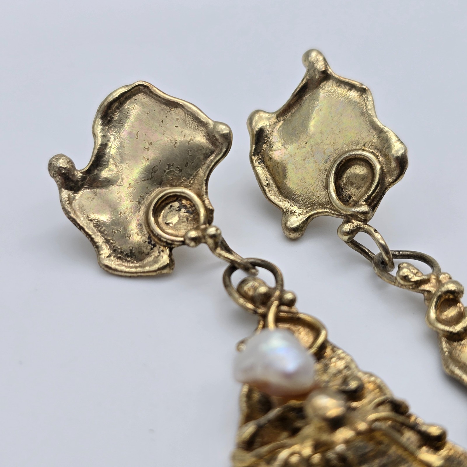 VTG Abstract Brutalist Spider Web Gold over Sterling Pearl Pendant Earrings Set