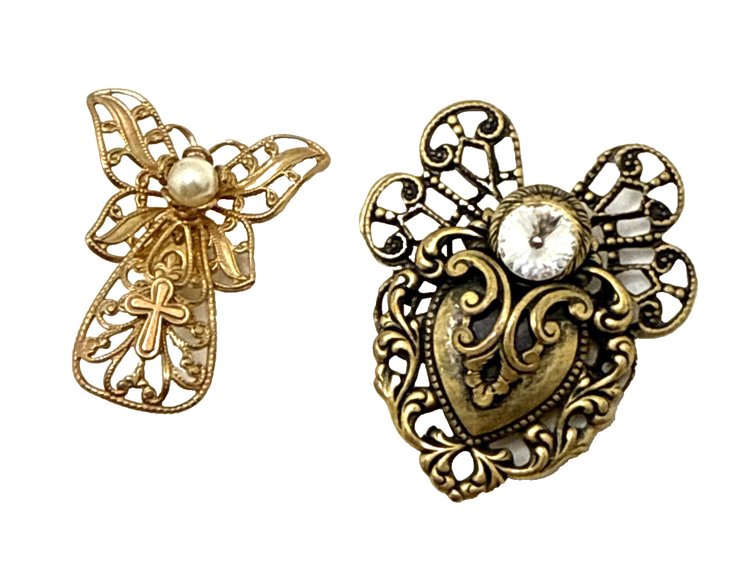 Vintage JANE Angel Brooches Ornate Bronze & Gold Tone Filigree Pins Lot of 2