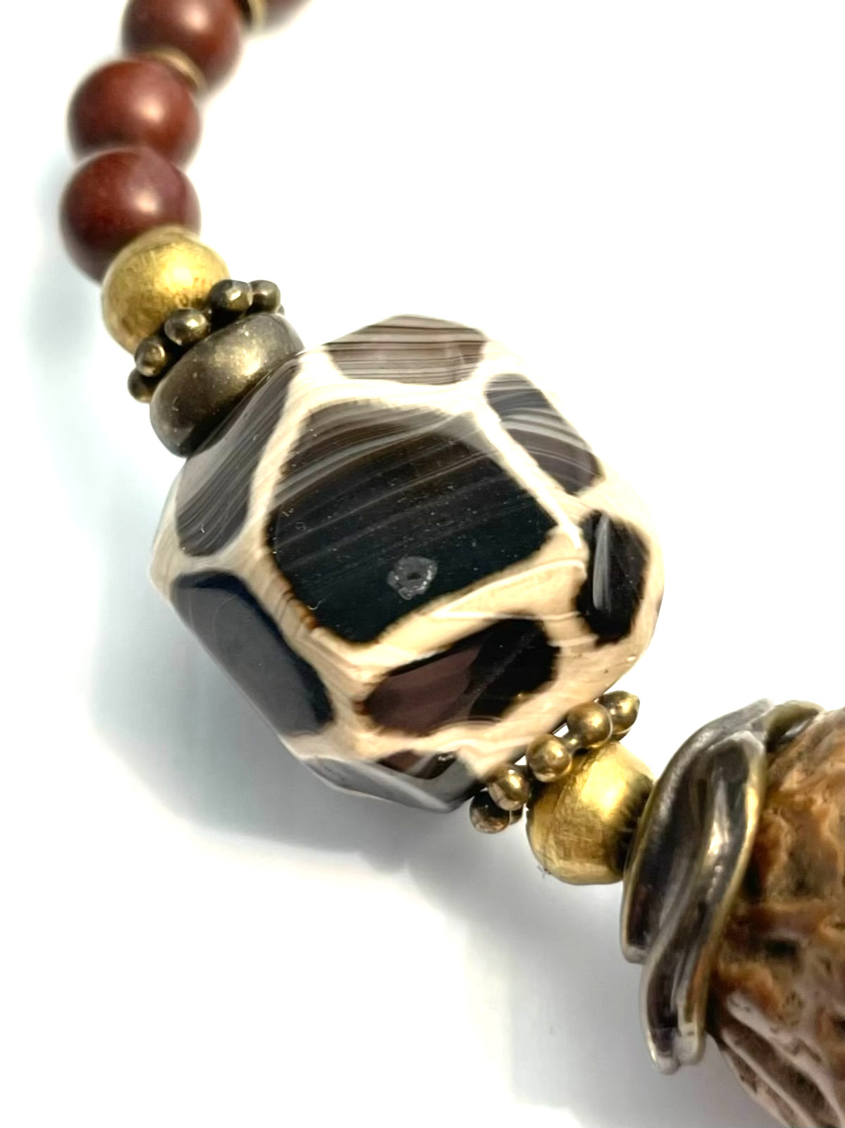 Paldao Dracontomelon Seeds & Honeycomb Agate Necklace Wire Clasp Artisan Vintage