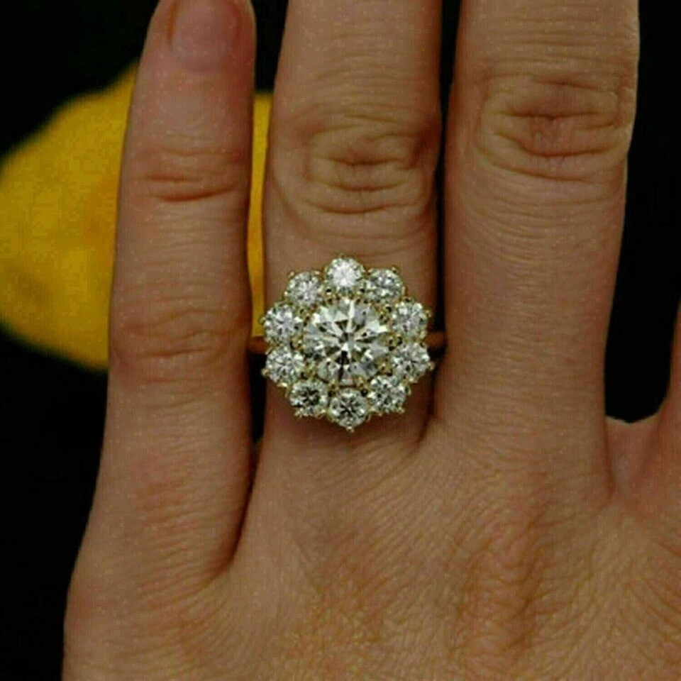 3.25Ct Round Lab Created Diamond Cluster Engagement Wedding 14K Gold Finish Ring