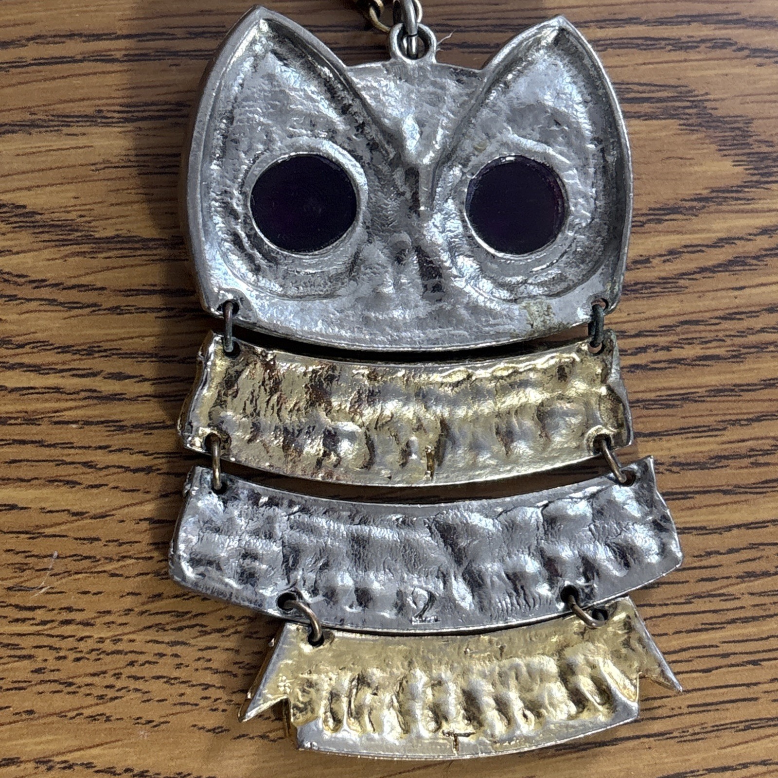 Vintage Silver & Gold Tone Articulated Owl Pendant Necklace W/Purple Stone Eyes