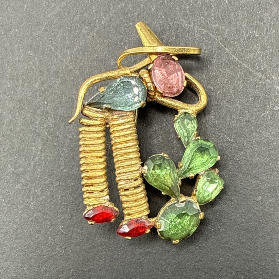 Made In Czechoslovakia Vintage Person Plant Rhinestone Gold Tone Brooch Pin B44a