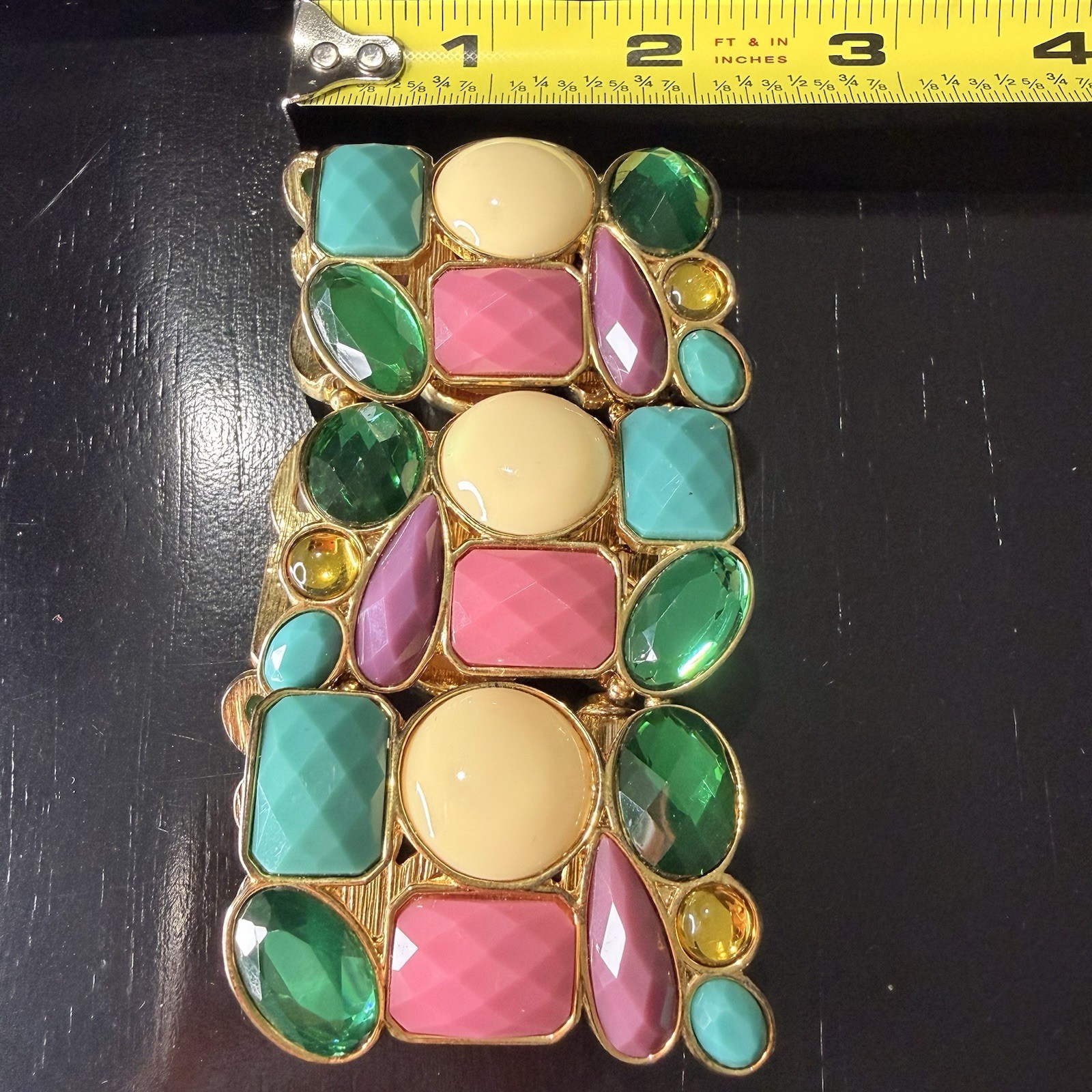 Vintage Gold Tone Faux Cabochon Bracelet Multicolor Ornate Linked Panels A1