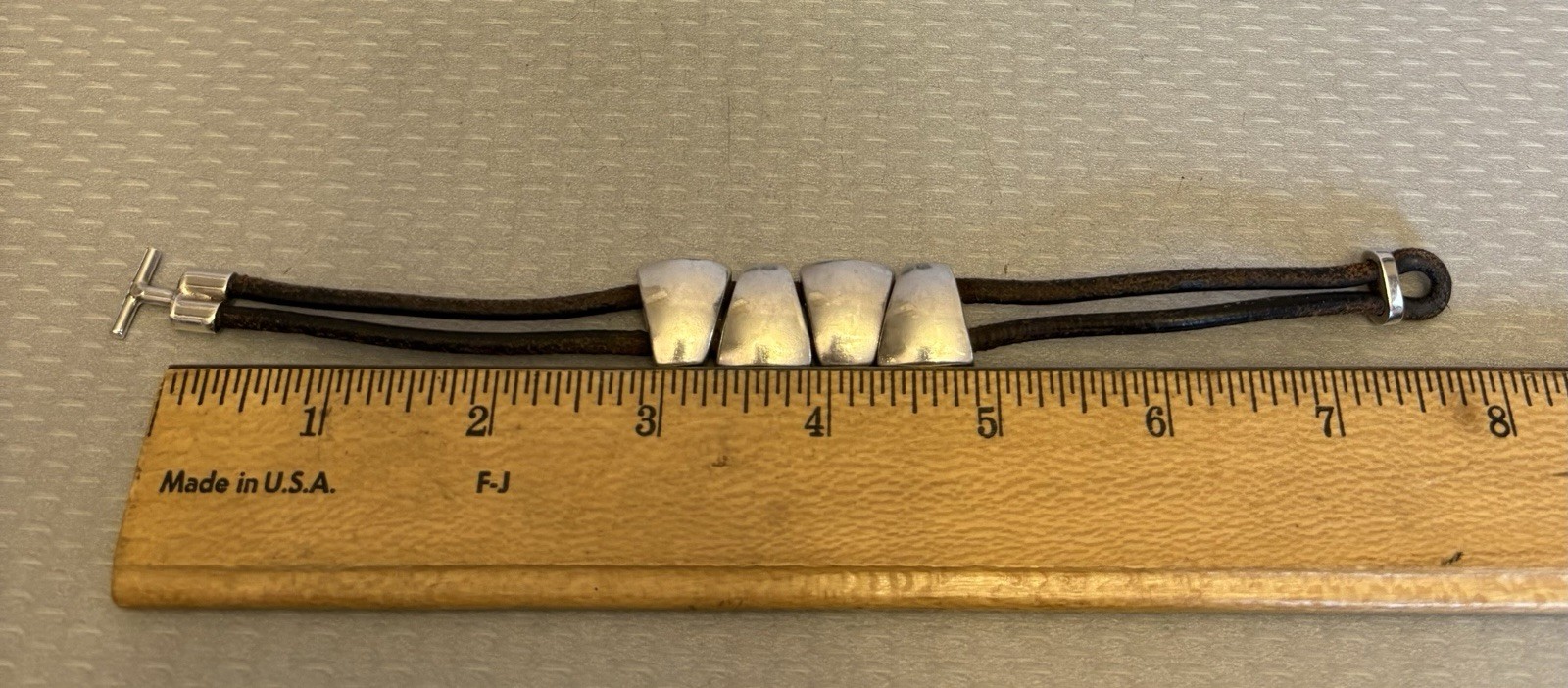 925 Taxco Mexico Modernist Sterling Silver Chunk Bracelet Leather Cord Toggle