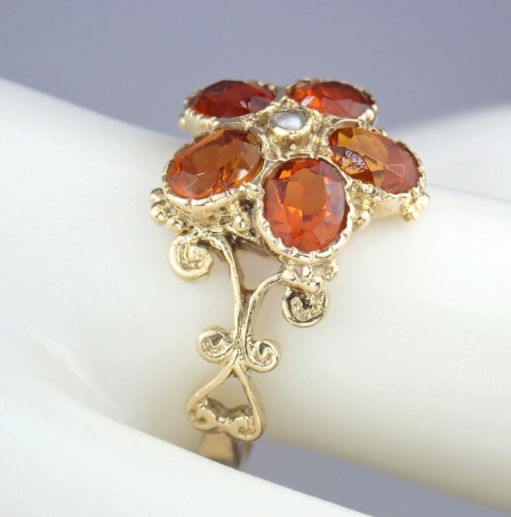 Pretty Vintage Solid 9K Gold Madeira Citrine Pearl Floral Scroll Ring 1971 7.25