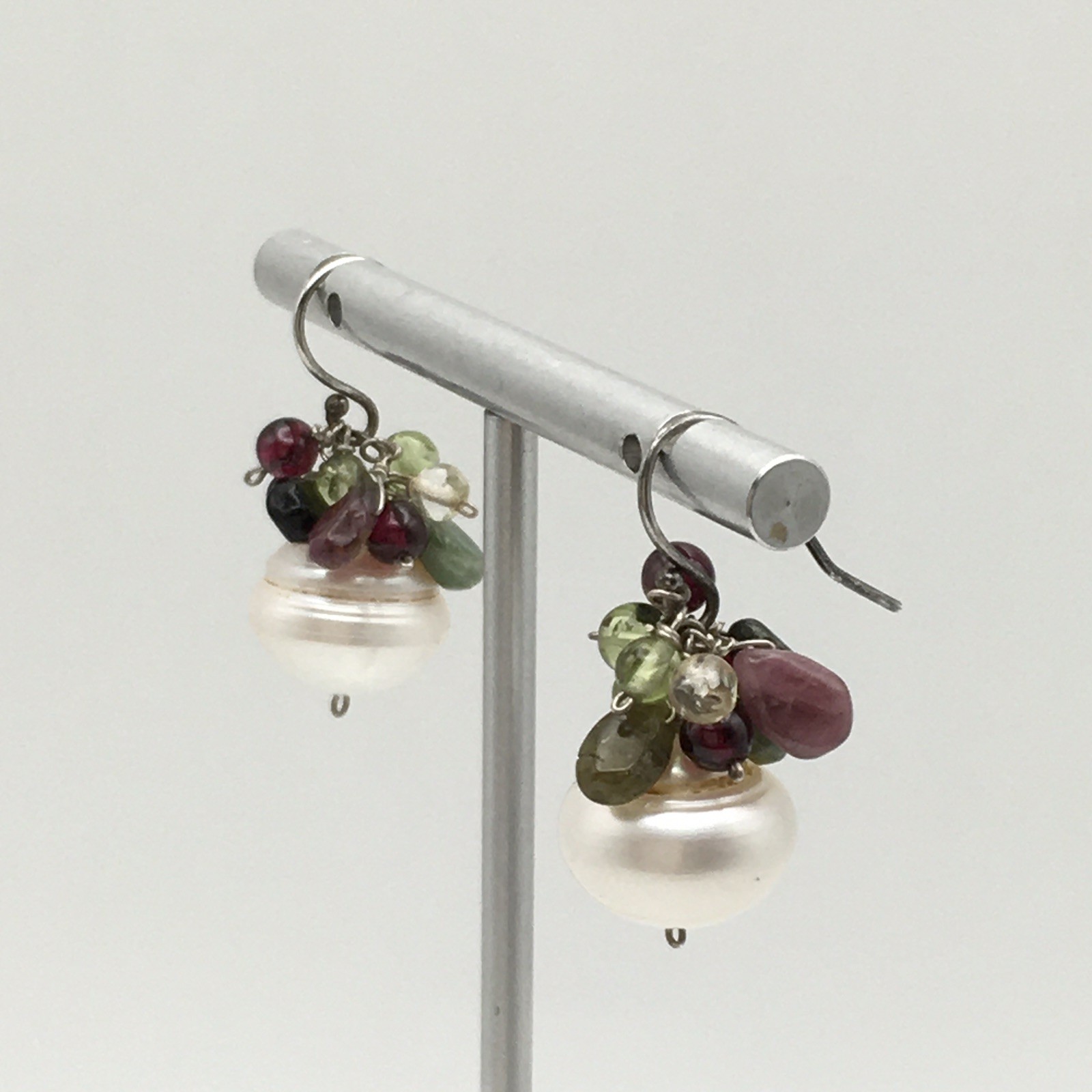Vintage Sterling Silver Pearl Garnet Green Stone Hook Dangle Earrings 925 8g #92
