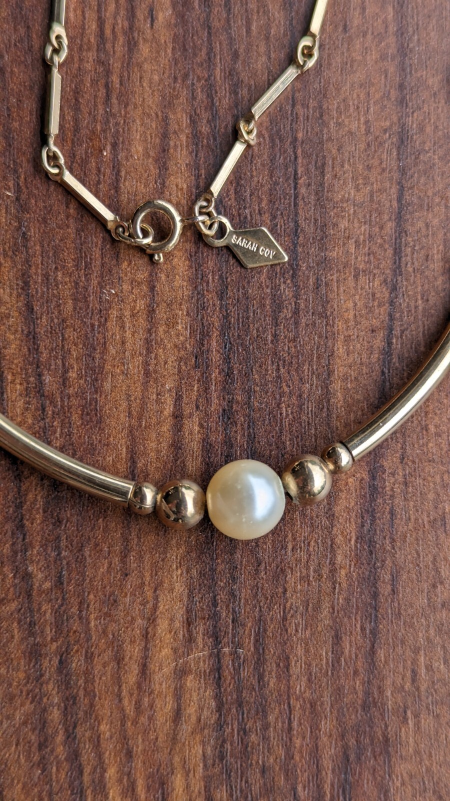 Sarah Coventry Gold Tone Station Bar Round Faux Pearl Bead 16″ Link Necklace