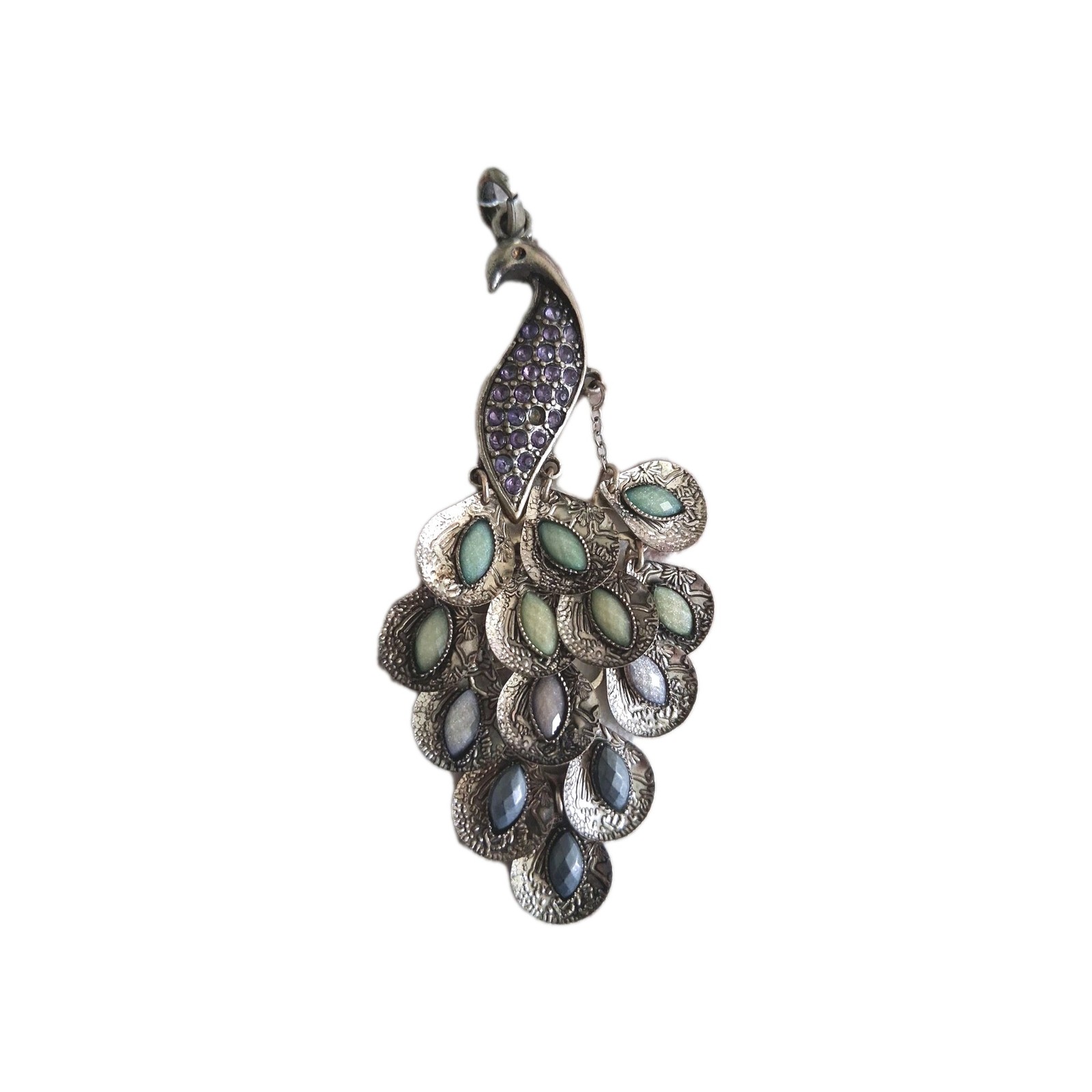 Boho Vintage Peacock Pendant Articulated Purple Green Rhinestones No Chain