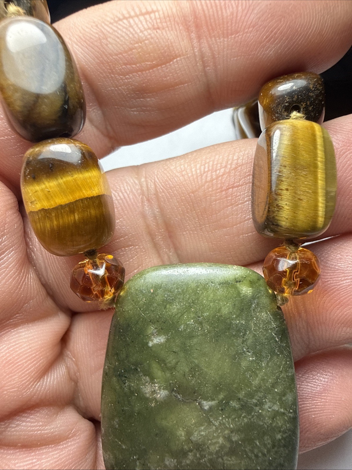 Necklace Big Jade Pendant Big Tigers Eye Beads Faceted Citrine Crystal 17” Old