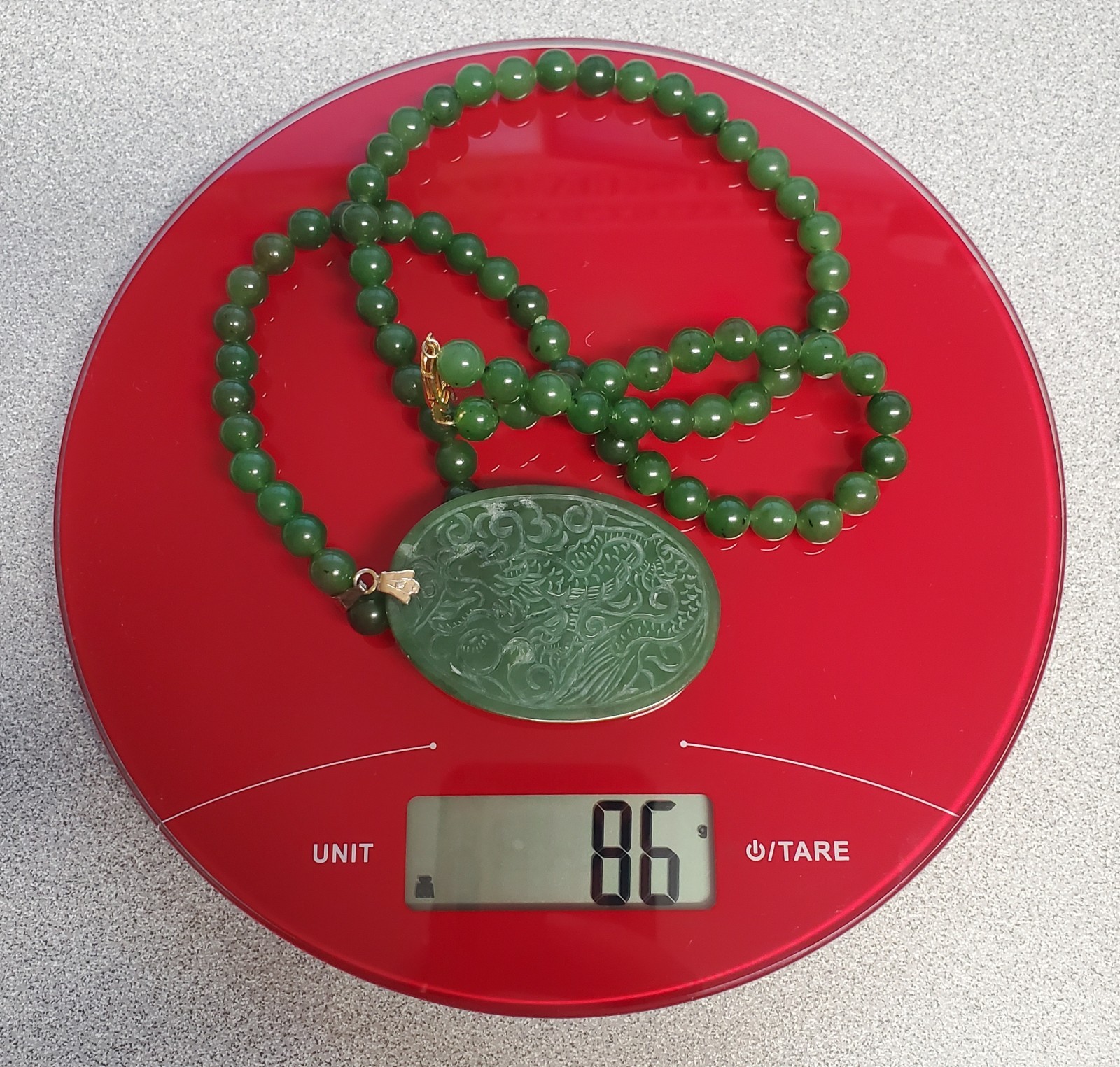 VTG 925 Spinach Jade Crane Dragon Pendant 24in Bead Necklace Carved Reversible