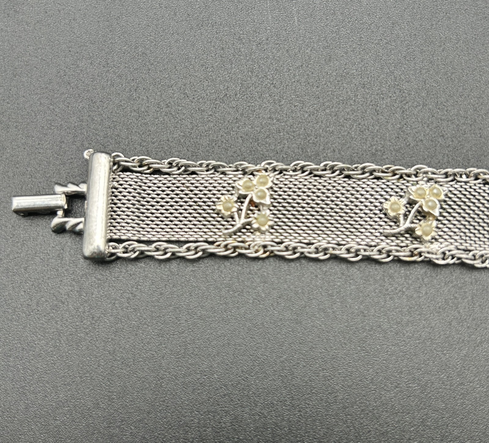 Vintage Goldette NY Mesh Bracelet Slide Cuff Victorian Revival Faux Pearl Silver