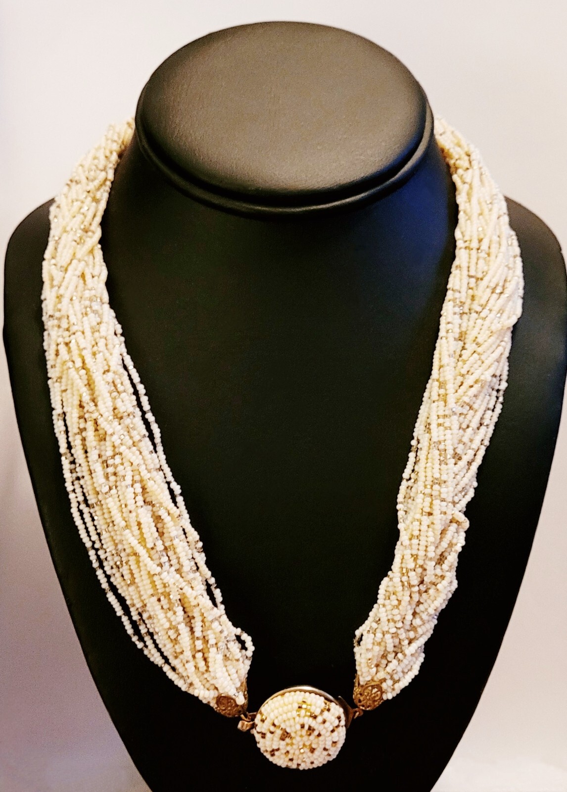 Beautiful Vintage Multi-strand Ivory and Gold Seed Bead Necklace