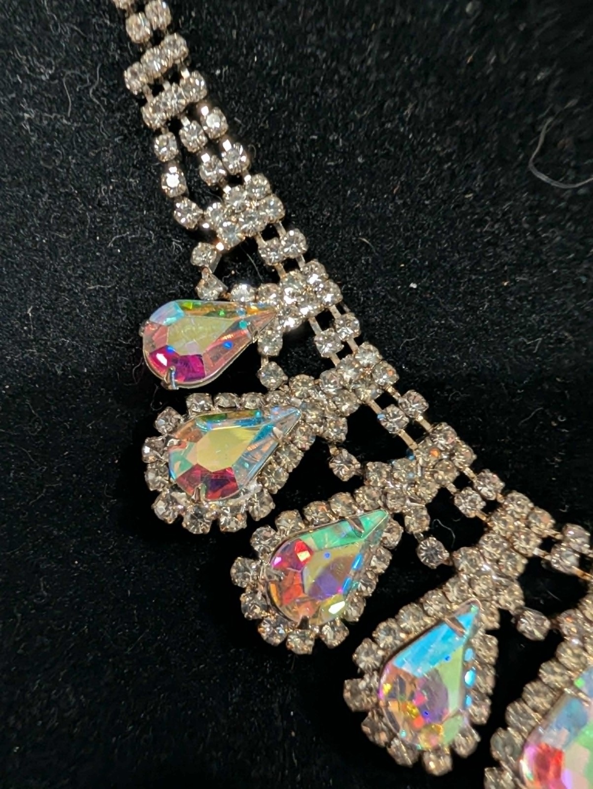 Vintage AB Rhinestone Necklace & Earrings Set Aurora Borealis Silver Tone Bridal