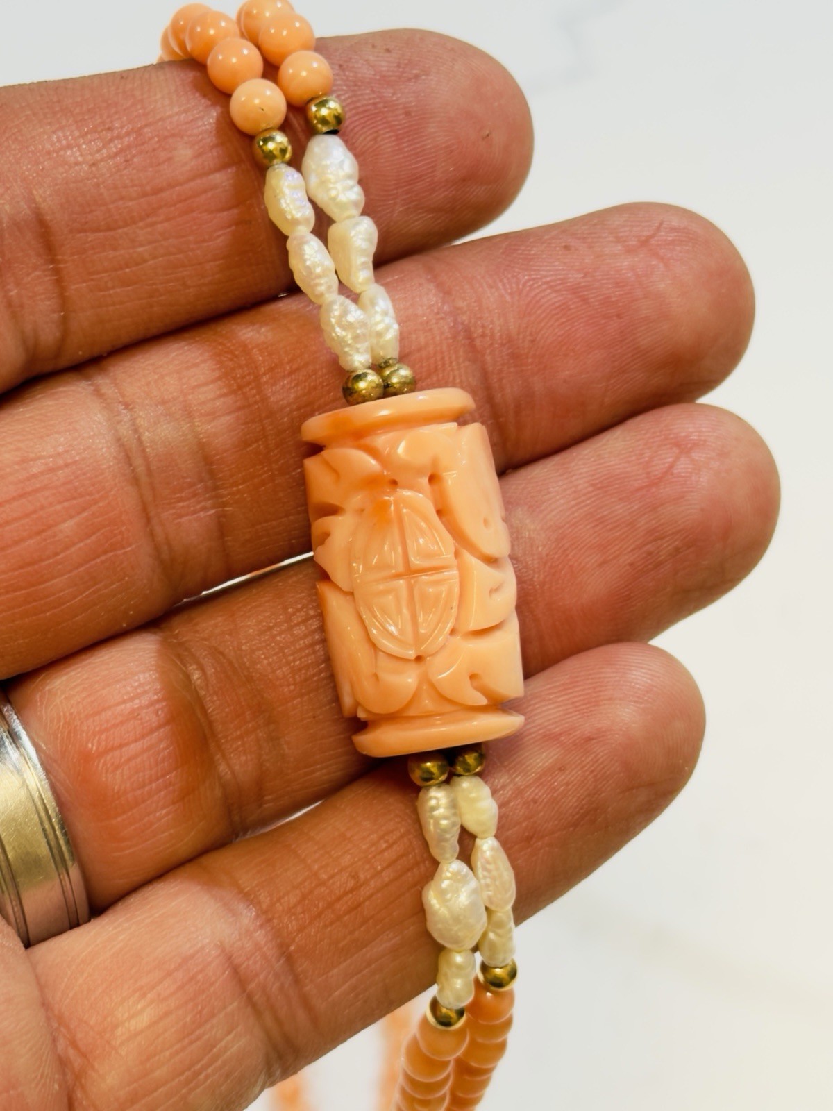 Antique Genuine Salmon Coral & Pearl Beaded Double Strand Necklace 32″ 14k Beads