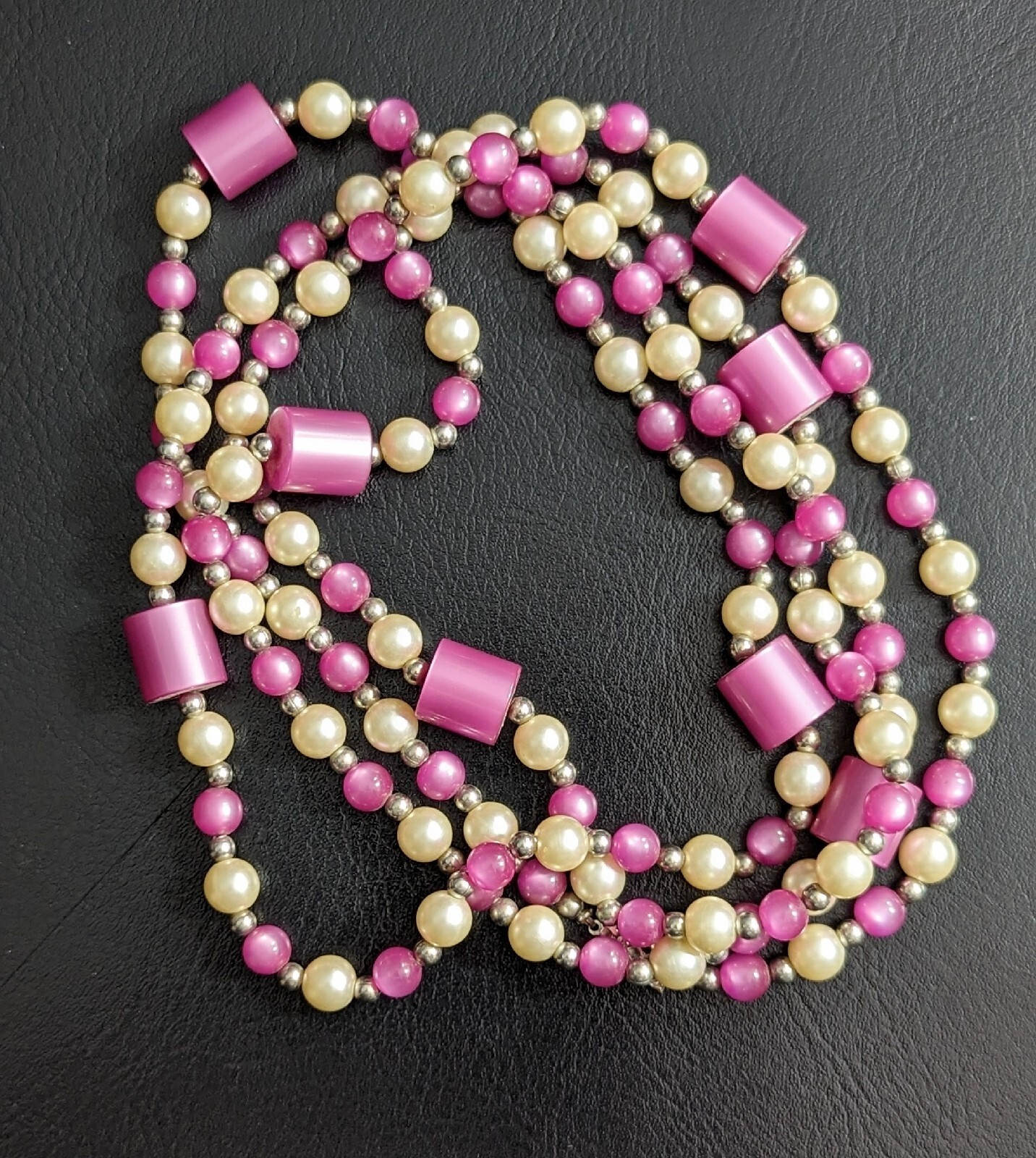 Vintage Opera Length Bead 54″ Necklace Pink Purple Faux White Pearl Silver Tone