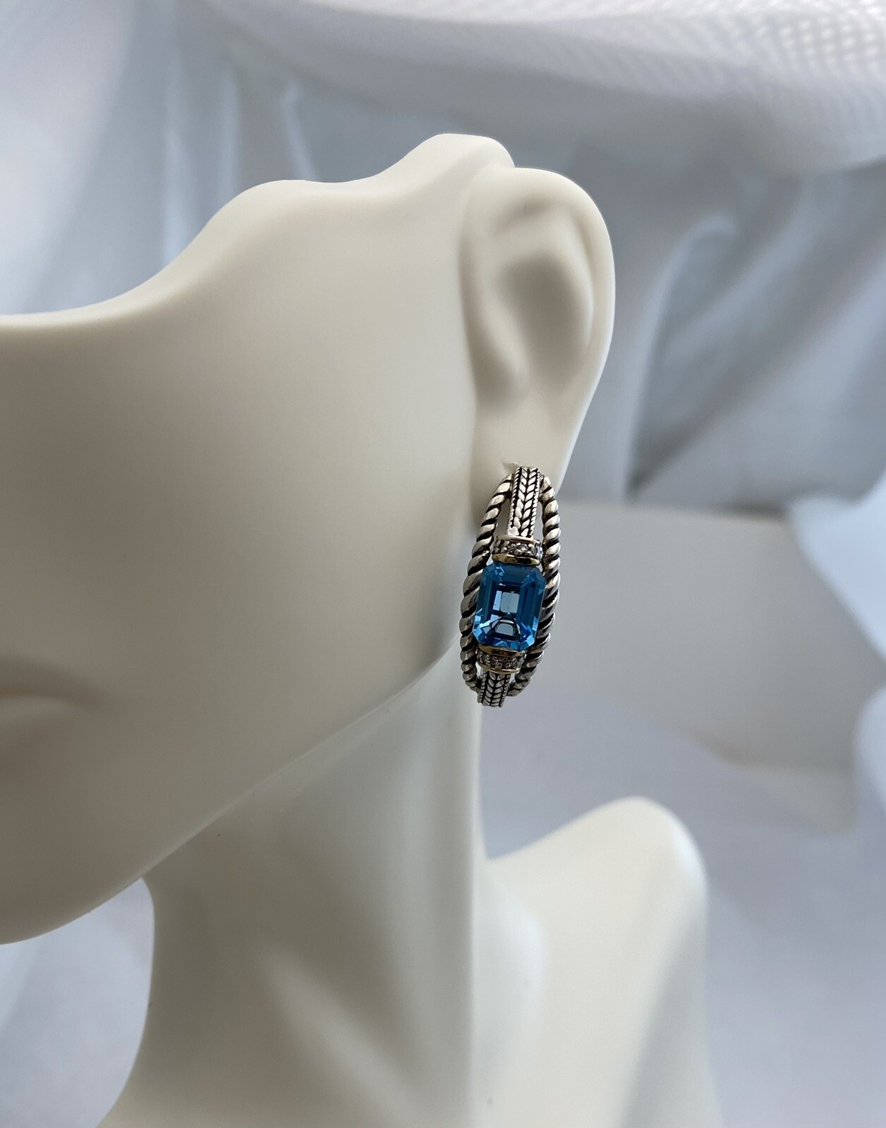 Sterling Silver 14k Earrings w/ Aquamarine like Stone & Crystals Mark AJ 1”