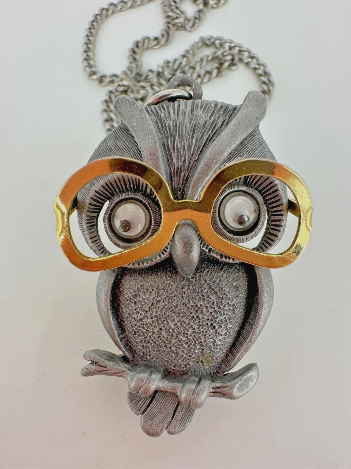 Vintage FAB Pewter Tone Googly Eyed Owl With Movable Eyeglasses Pendant Necklace