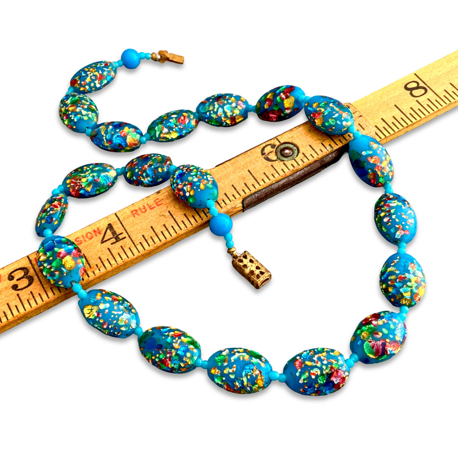 Vintage 1930s Art Deco Czech Blue Art Glass Foil Splatter Bead Choker Necklace