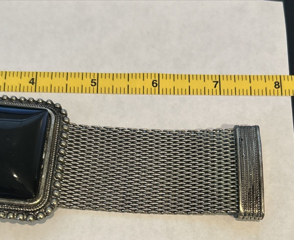 Chunky Vintage Look Silver Tone With Black Central Stone Art Deco Mesh Bracelet